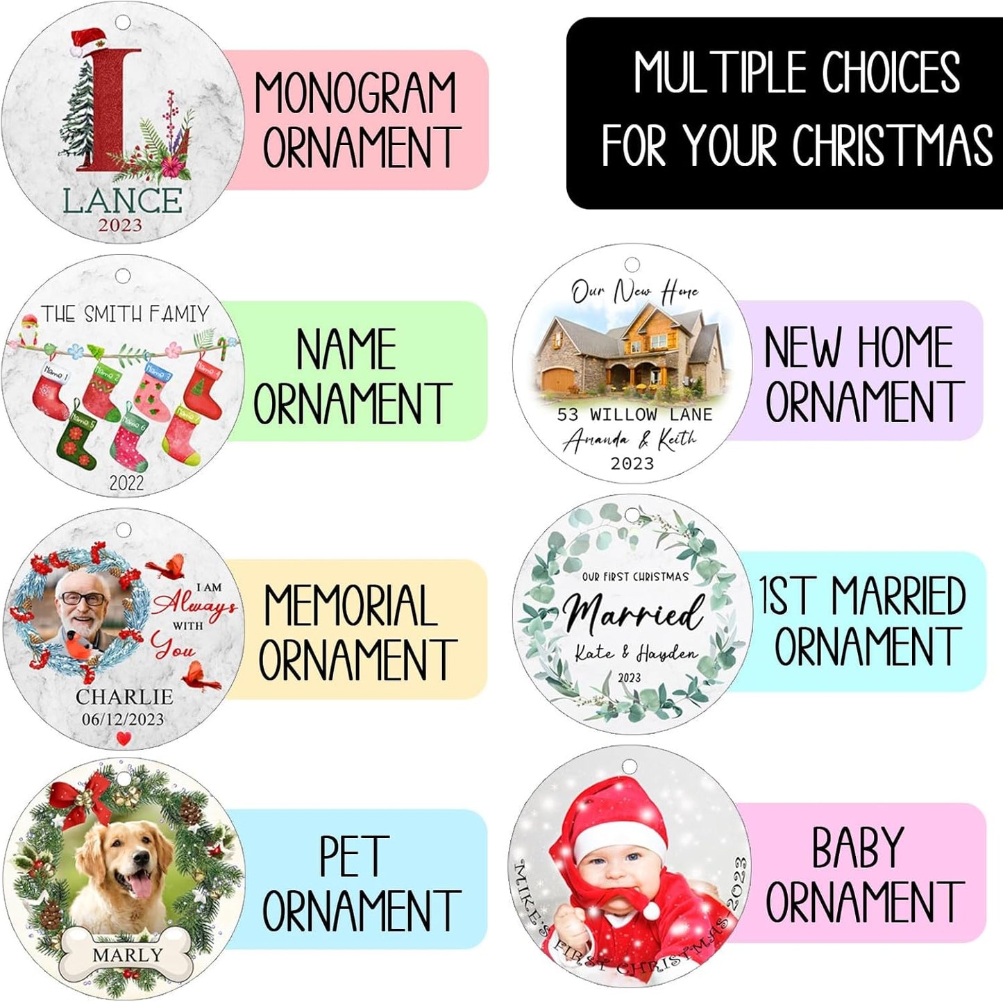 Personalized Family Christmas Ornaments 2025,Double-Sided Ceramics Custom Christmas Stocking Tree Ornament - Up to 8 Names,Customize Names for Each Family Member - Hanging Customized Xmas Ornaments