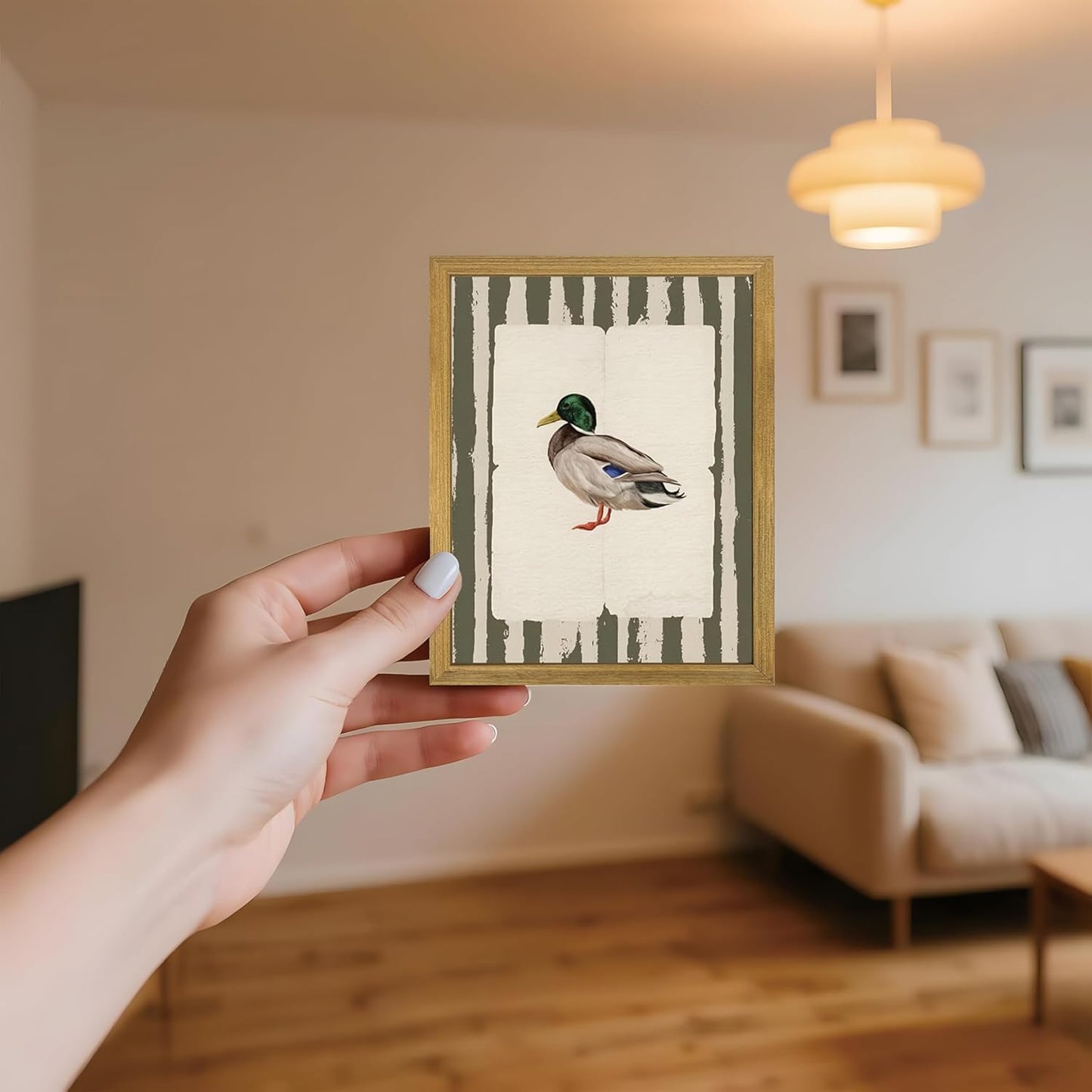 Vintage Framed Duck Wall Art Print, Rustic Mallard Bird Illustration Canvas Poster, Cottagecore Animal Artwork, Farmhouse Nature Wall Decor for Living Room Kitchen Bathroom Bedroom 8x10 inch