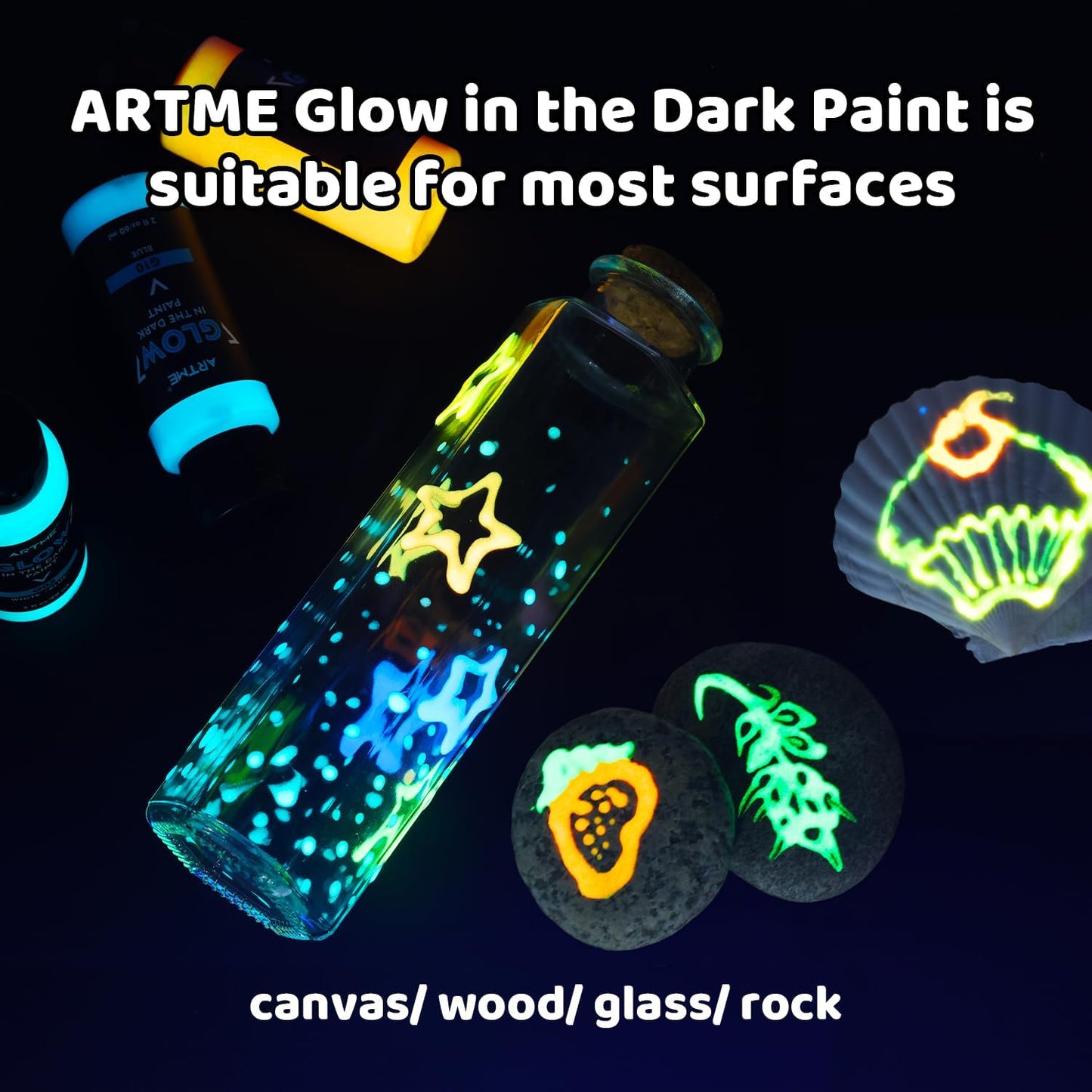ARTME Glow in The Dark Paint, 10 Bright Colors 60ml/2oz Blacklight Paint Set, Neon Craft Paint, Acrylic Glow Fluorescent Paint Perfect for Art Painting, DIY projects, Halloween and Christmas Decoration