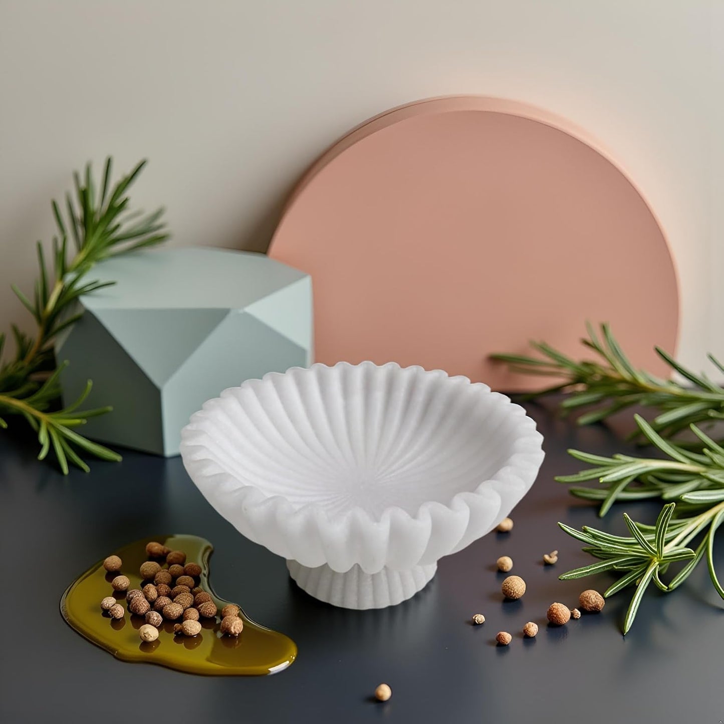 10" Large Decorative Bowl decor, Scalloped Bowls for Modern Home Decor,Ruffle Decor,Stylish Key Bowl for Entry Table,Decorative Fruit Bowl for Kitchen Counter,With base,Artificial Stone White