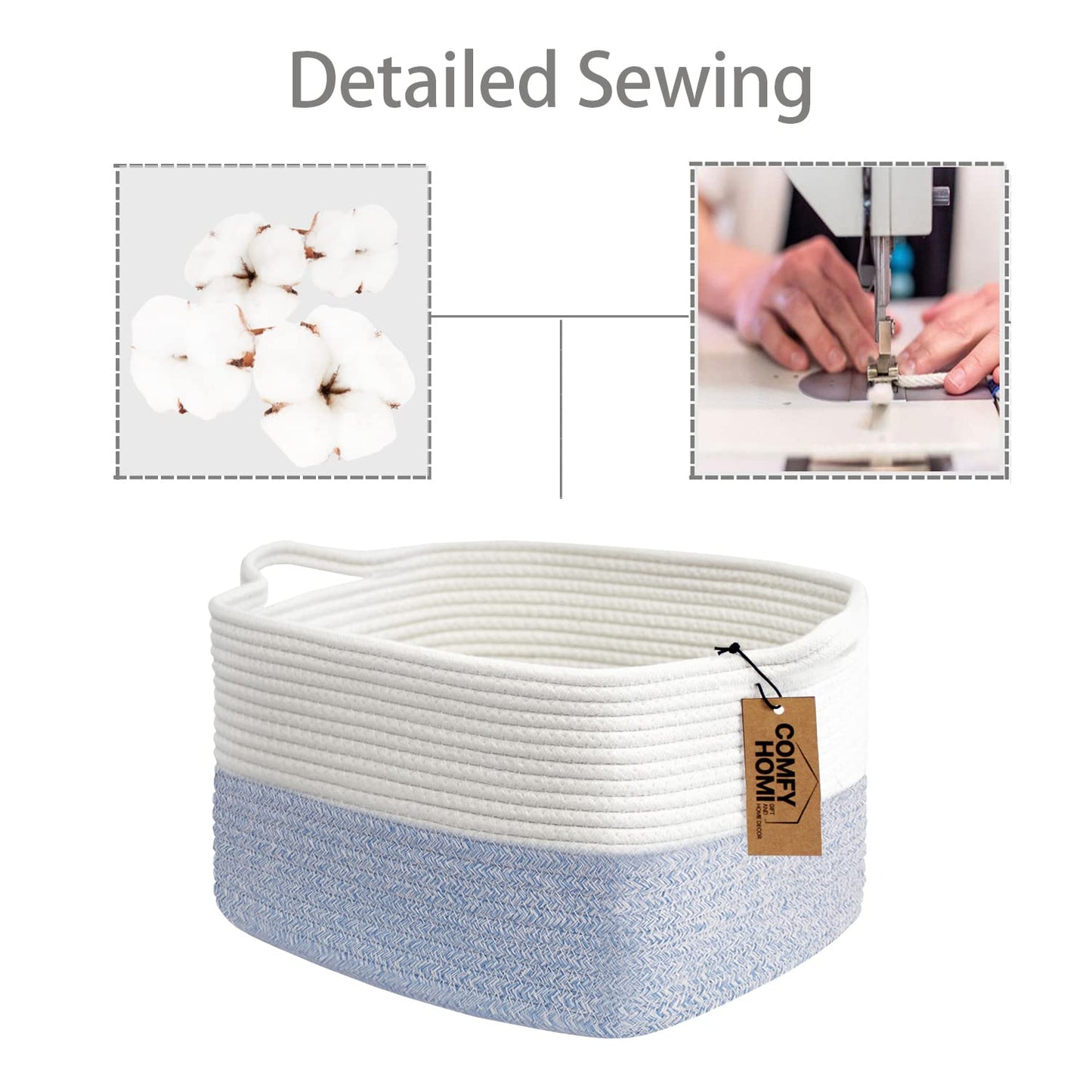 COMFY-HOMI Cotton Rope Woven Basket with Handles for shelf,Toy, Book, Cloth Storage Basket for Organizing-13.5"X11"X9.5" Storage Bin for Living Room, Newborn or Infant Gift for boy girl (White/blue)