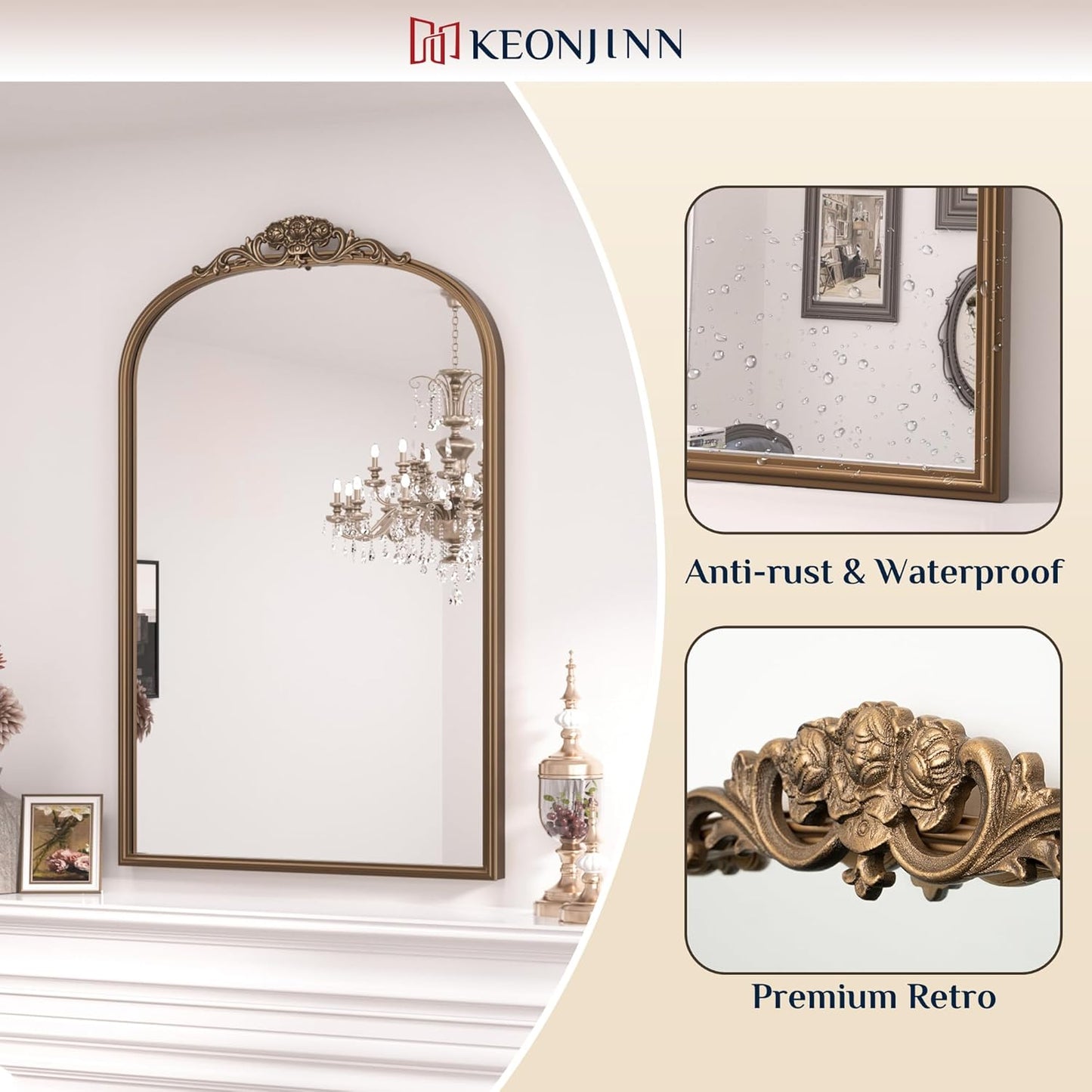 Keonjinn Gold Vintage Arched Mirror for Wall, 16" x 24" Brass Mirror with Metal Frame, Ornate Baroque Decoration for Mantle, Living Room, French Cleat Mounting