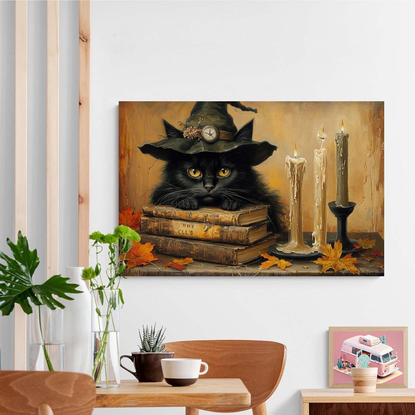 JFHCQJPK Vintage Halloween wall decoration black cat and magic book suitable for home bedroom living room decoration dark classic art witch wall decoration24x36in Frameless