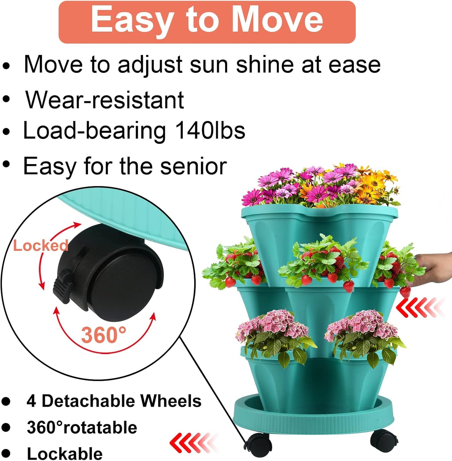 DUNCHATY Stackable Planter, Vertical Garden Planter with Wheels and Tools, Self Watering Strawberry Planter Indoor/Outdoor 3 Tier Herb Planter Pots for Growing Vegetables and Succulents, Teal