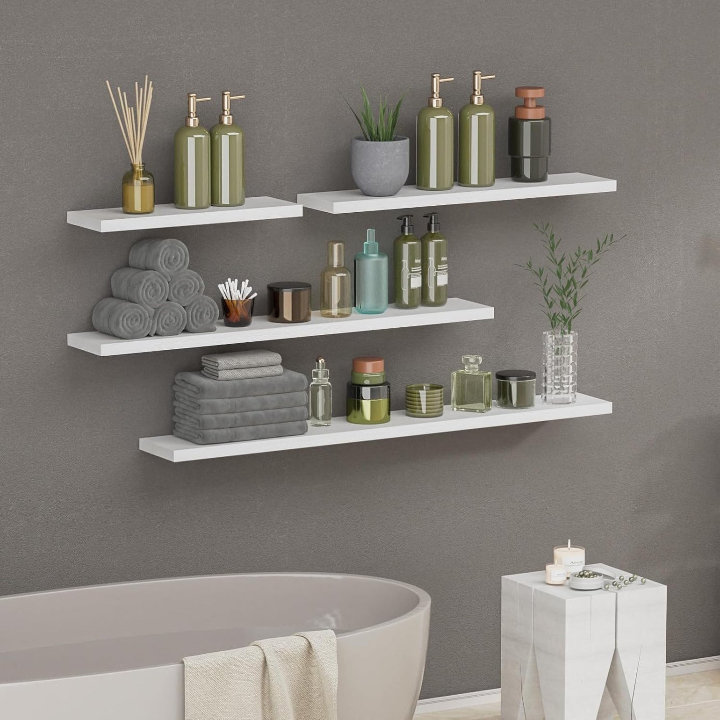 SAUMONIERES Floating Shelves 8 Inch Deep Solid Wood Wide Wall Shelf Set of 2 Wall Mounted for Bedroom Bathroom Living Room Kitchen, 36 Inch White