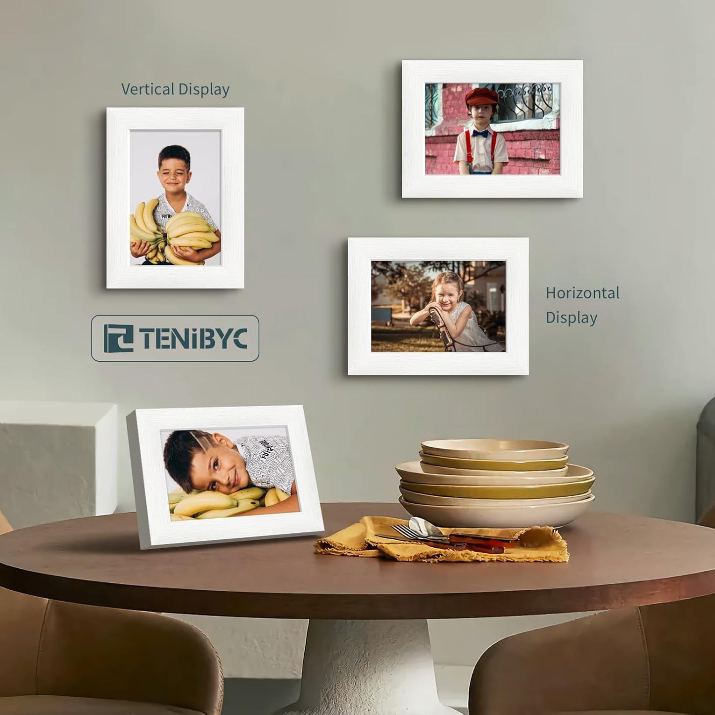 5x7 Picture Frame 3 Pack - White Woodgrain, Solid Wood & HD Tempered Glass, Table Display or Wall Hanging