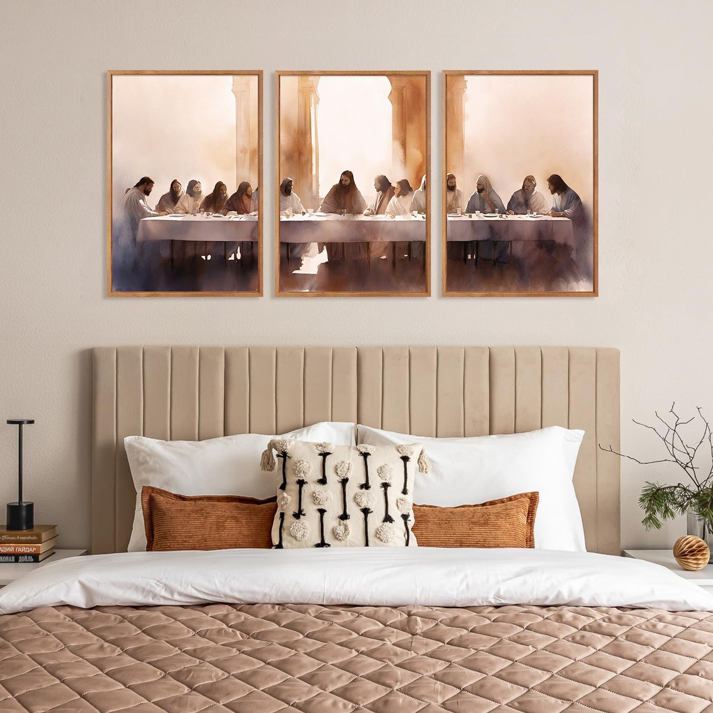 Aurlan Jesus Last Supper Bible Story Wall Art(16"x24"), 3PCS Boho Christ Christian Easter Gifts Canvas Artwork, Neutral Spiritual Religious Faith Decor Prints for Office Home