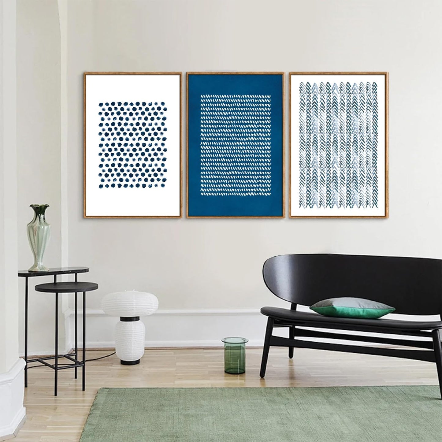 Tinonedraw Navy Blue White Framed Canvas Wall Art Set, Modern Geometric Dots Line Wall Decor, Neutral Abstract Shape Artwork, Cozy Contemporary Art Prints for Bedroom Living Room Office 16"x24"x3