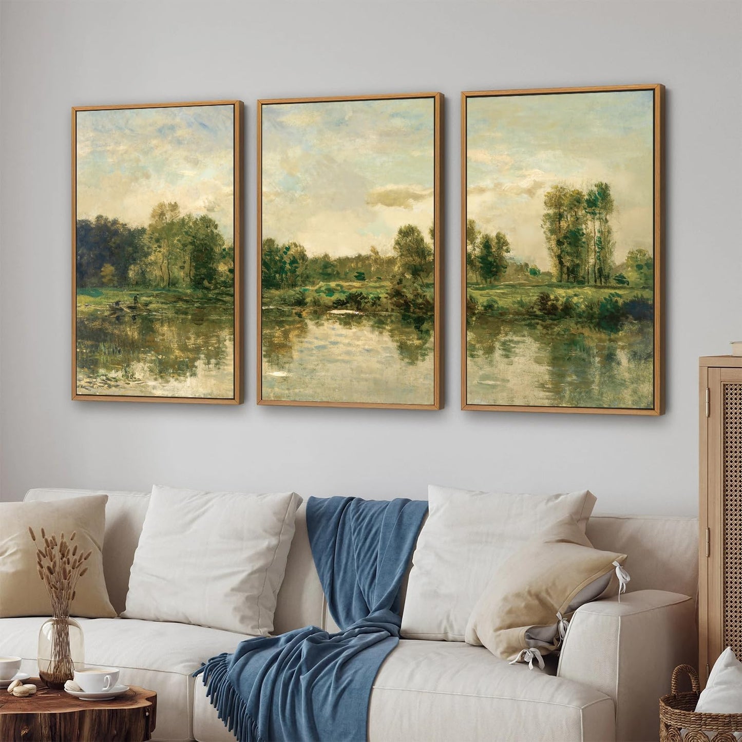 Tinonedraw Vintage Landscape Framed Canvas Wall Art Set of 3, French Country Art Prints, Nature Green Trees and Lake Art Paintings, Rustic Aesthetic Wall Decor for Living Room Bedroom Office 16"x24"x3