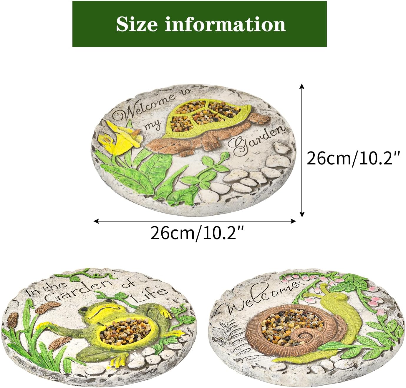 Sungmor 3PC Pretty Garden Stepping Stones, 9.8" Large Concrete Decorative Stones with Beautiful Pattern, Unique Outdoor Lawn Accents, Yard Walkway Flower Bed Wall Shelf Welcome Friends Decorations