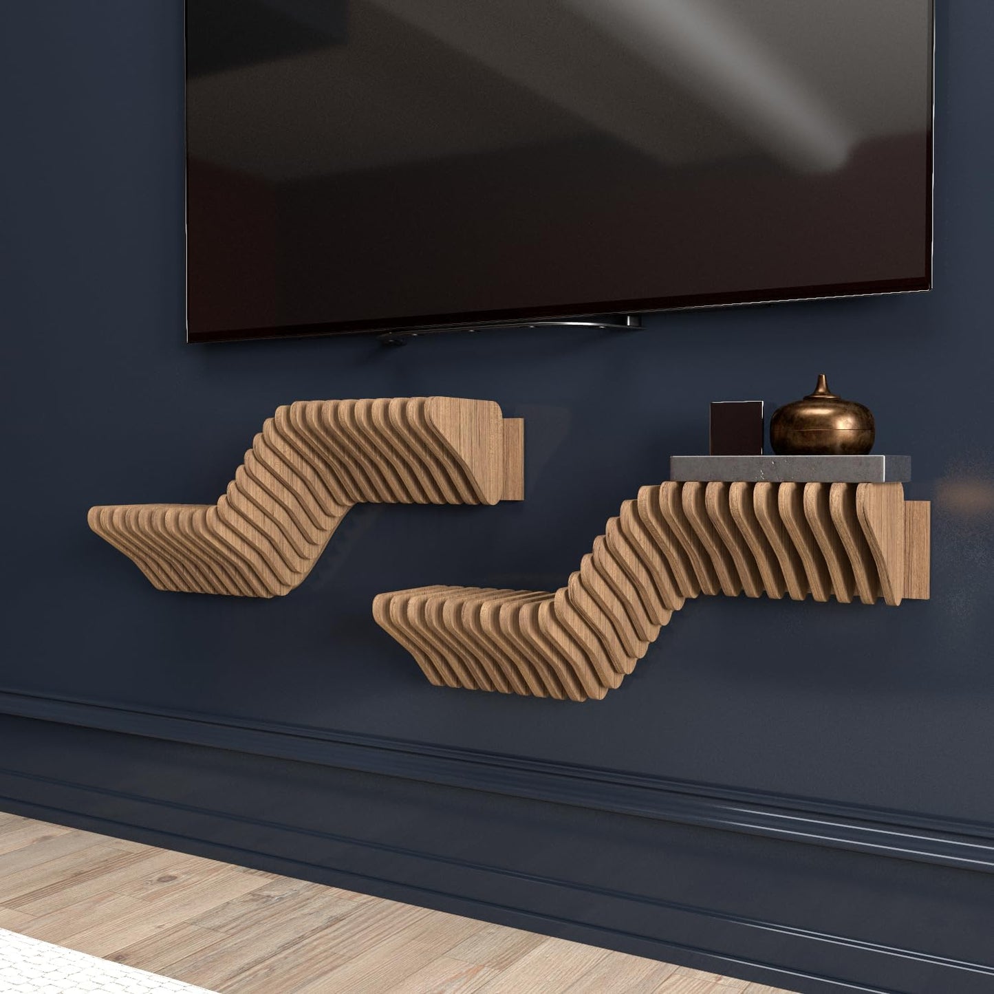 Parametric 20 inch Floating Shelf TV Unit Modern Geometric Wooden Wall Piece Decor Natural Oak Color 3D Wavy Living and Gaming Room Shelf