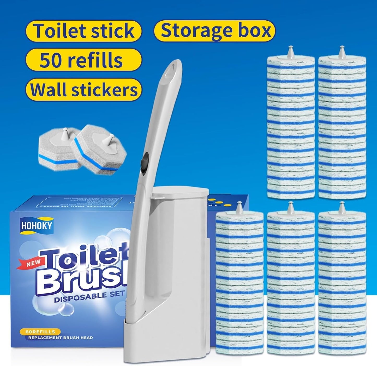Disposable Toilet Brush Cleaning System with 50pcs Refills Pads Replacement Heads, Toilet Cleaning Stick, Wall Mounted Toliet Wand Kit Bathroom Maintenance, Toilet Bowl Cleaner Wands Holder and Set