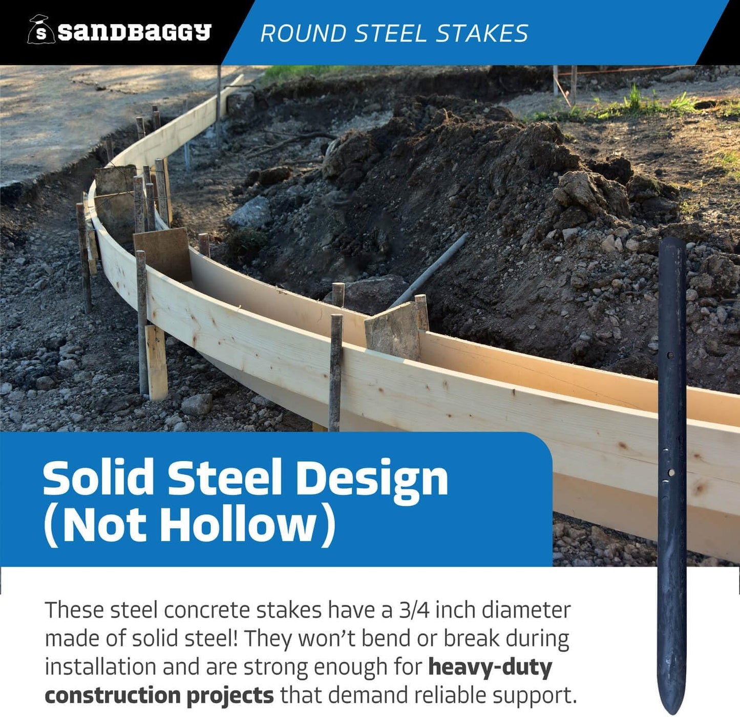 Sandbaggy Round Steel Concrete Form Stakes with Nail Holes - Rust Resistant Coating - Removable, Reusable (5, 3/4 in X 12 in)