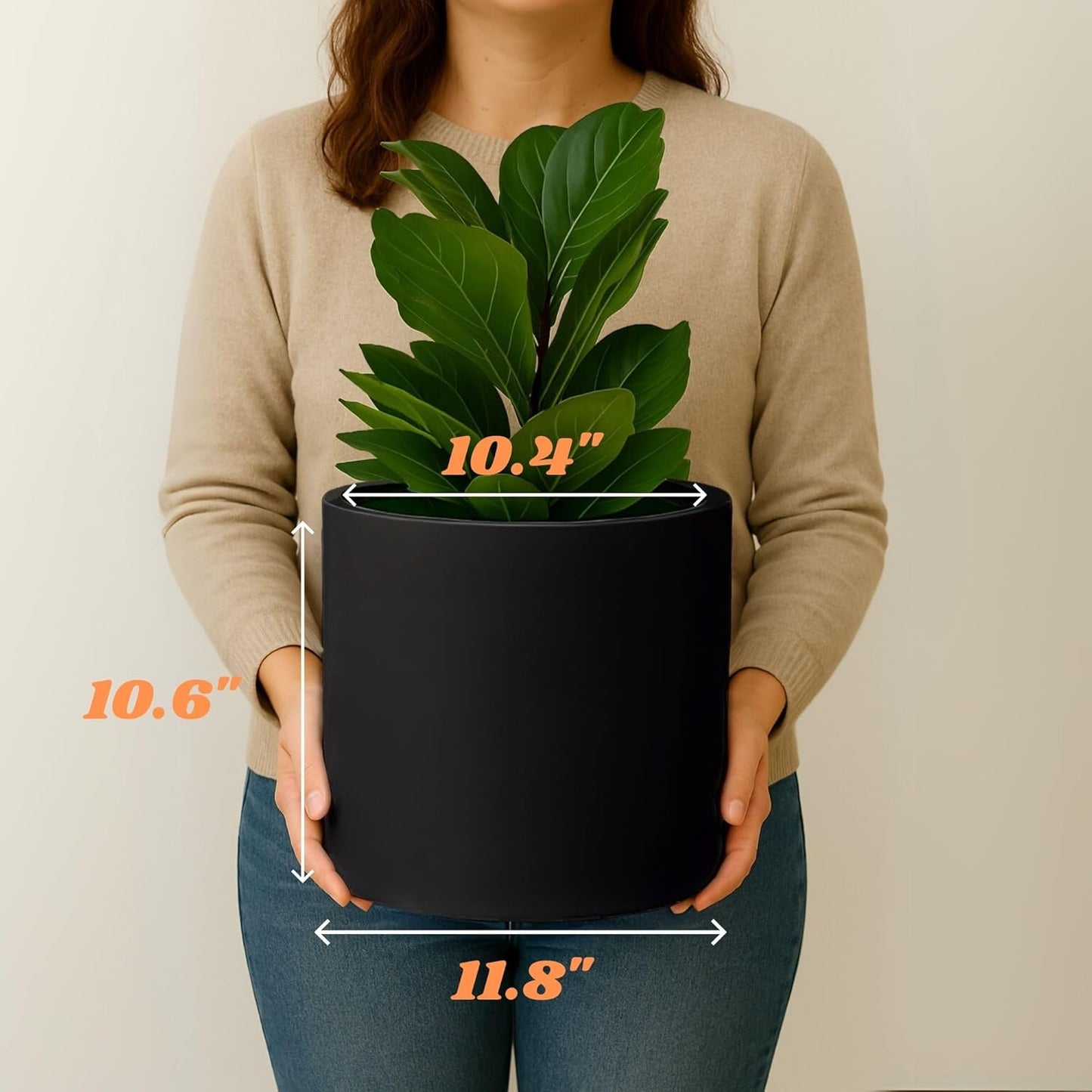 Fox & Fern Large 12 Inch Black Plant Pot — Premium Lightweight Fiberstone Matte Black Planter w Drainage Plug; Large Indoor & Outdoor Planter; 12 Inch Pots for Plants; Weather Resistant & UV Resistant