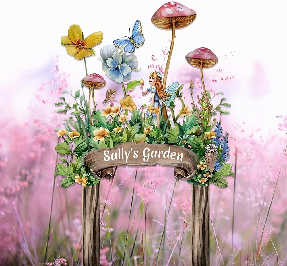 Personalized Cute Fairy Metal Sign with Stake,Custom Gardener Family Name Signs Outdoor Decor,Customized Butterfly Gardening Gifts for Mother,Flowers Plaques Decorate for Garden Patio Lawn Porch Yard