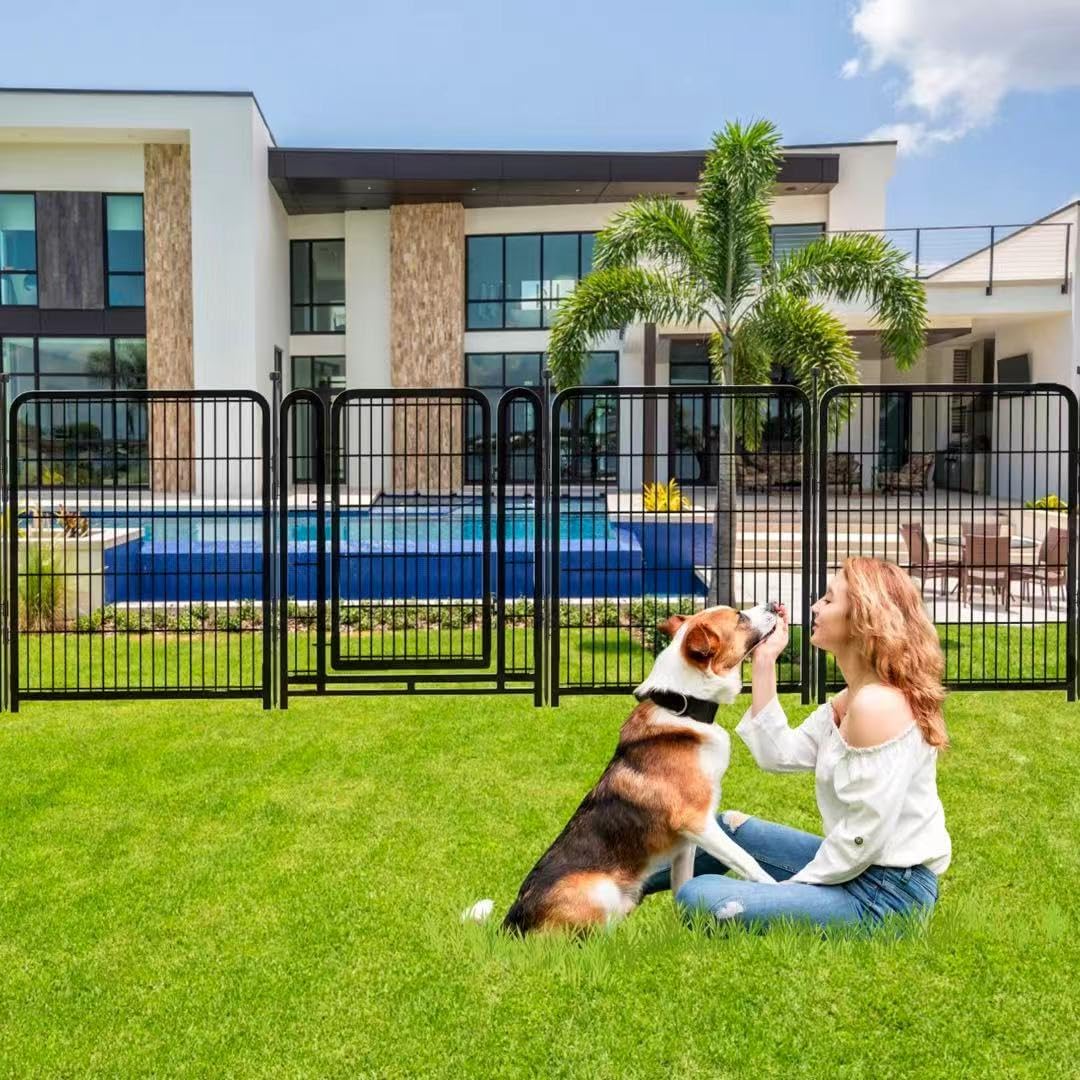 12 Panels Tall Garden Fence Animal Barrie, 48 in(H) X26.6 Ft(L) Wide Door Low Threshold Dog Fence, Black Pet Fence Outdoor, Garden Fence with Gate, Dog Fences Outdoor for Yard