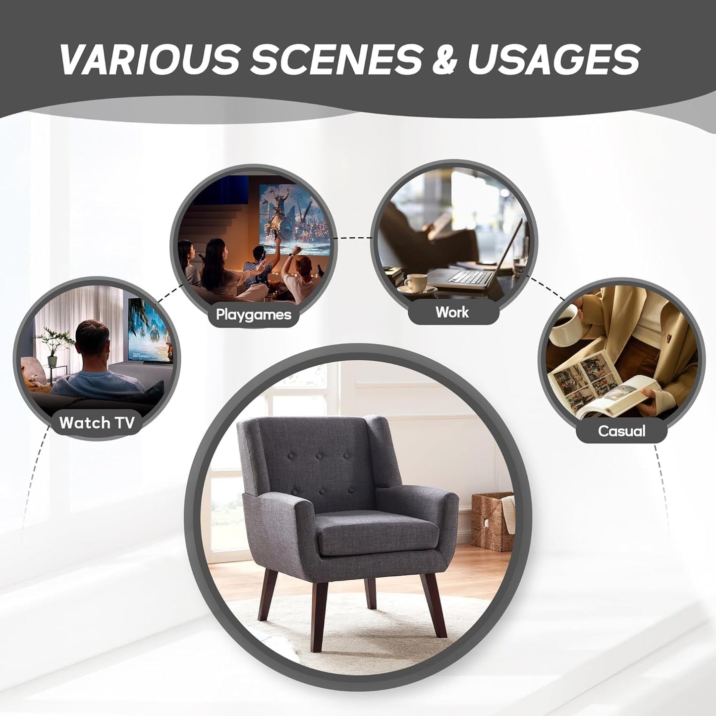 HUIMO Accent Chair Living Room Chair, Upholstered Button Tufted Armchair, Linen Fabric Sofa Chairs for Bedroom, Living Room, Mid Century Modern Comfy Reading Chair (Grey)