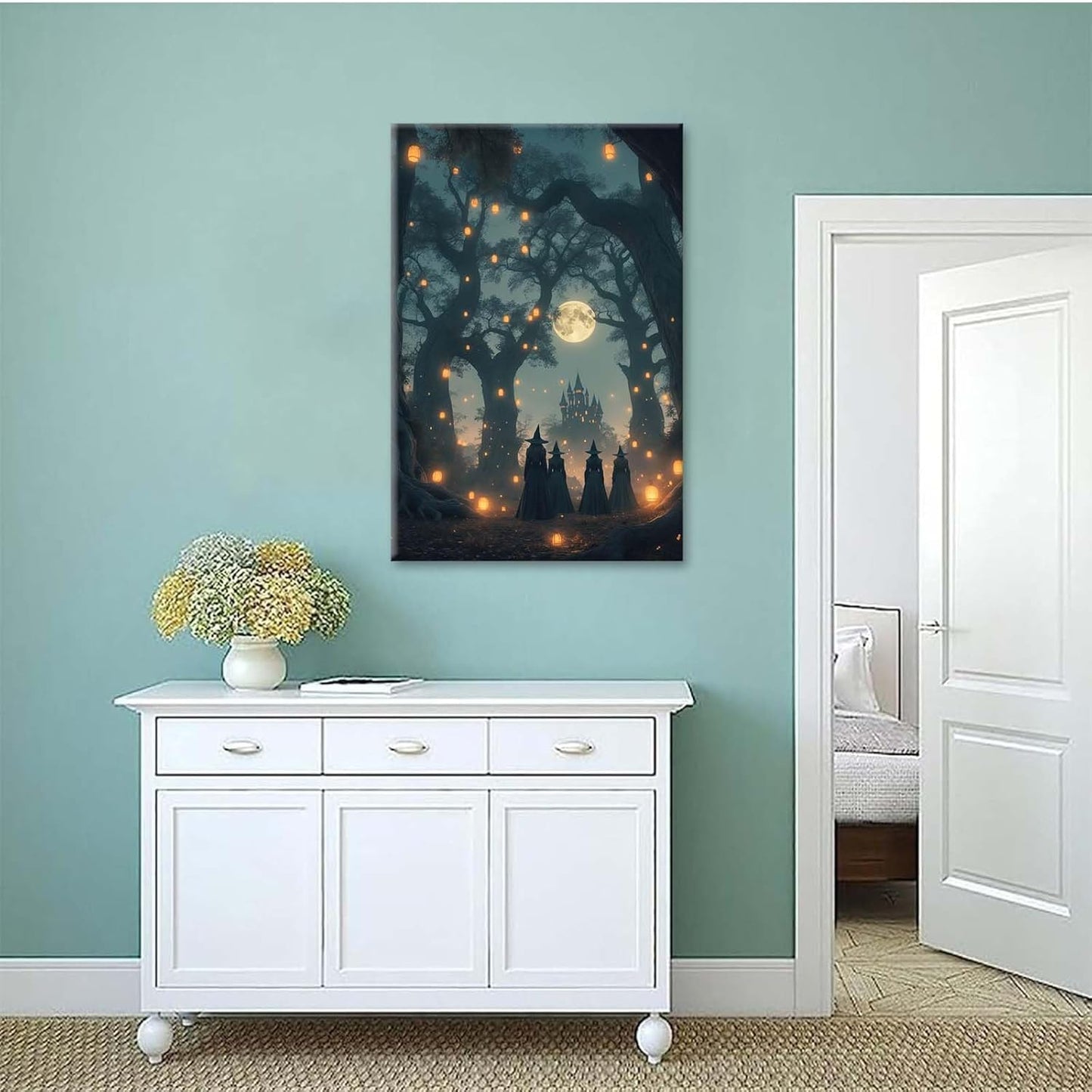 Mysterious creek painting witch and castle in magic forest art print canvas gothic print dark college decoration poster for home bedroom28x40in Wood Framed
