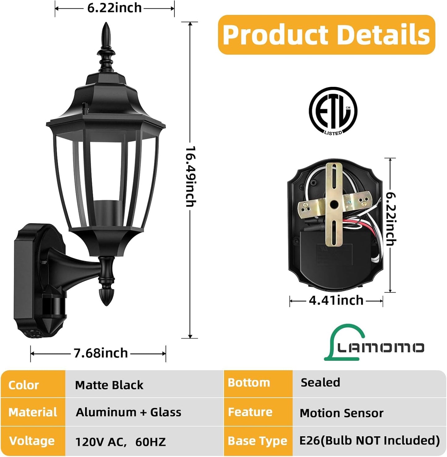 Lamomo Outdoor Wall Sconce, 2 Pack Dusk to Dawn Motion Sensor Light Fixtures, Exterior Aluminum Waterproof Porch Lights for Patio Front Door Garage
