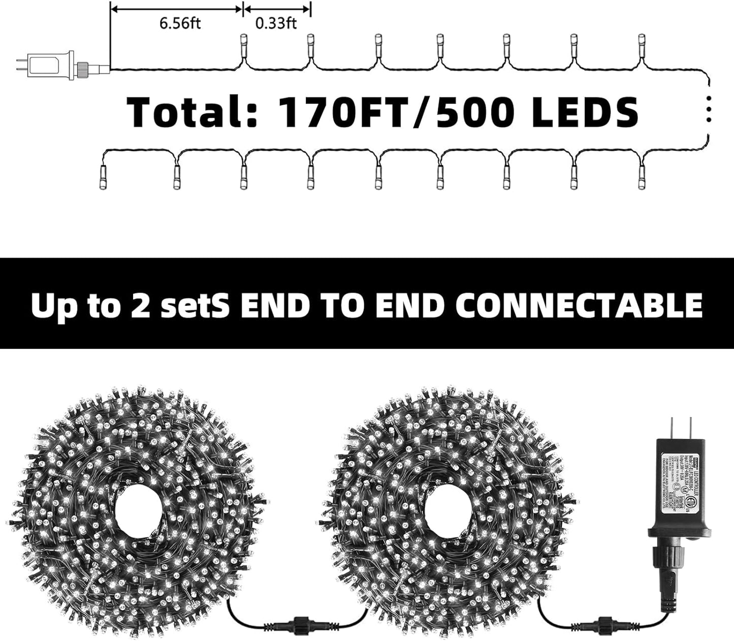 XTF2015 170FT 500 LED Christmas String Lights, Christmas Lights End-to-End Plug 8 Modes - UL Certified - Outdoor Indoor Fairy Lights for Christmas Tree, Garden, Party, Wedding, Holiday (Cool White)