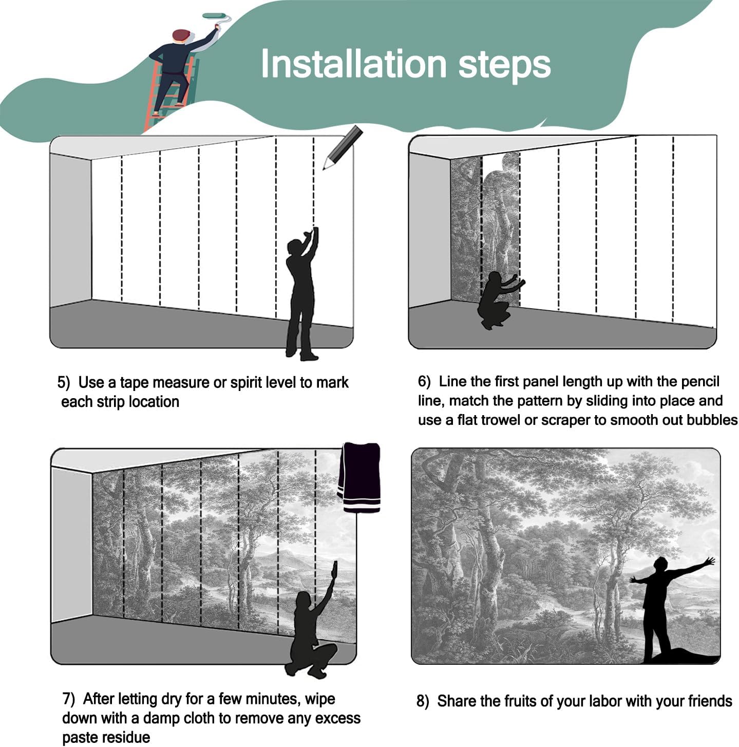 -Vintage Forest Fabric Wallpaper Grey Tree Mural Living Room 100" x 65" (Not Peel and Stick)