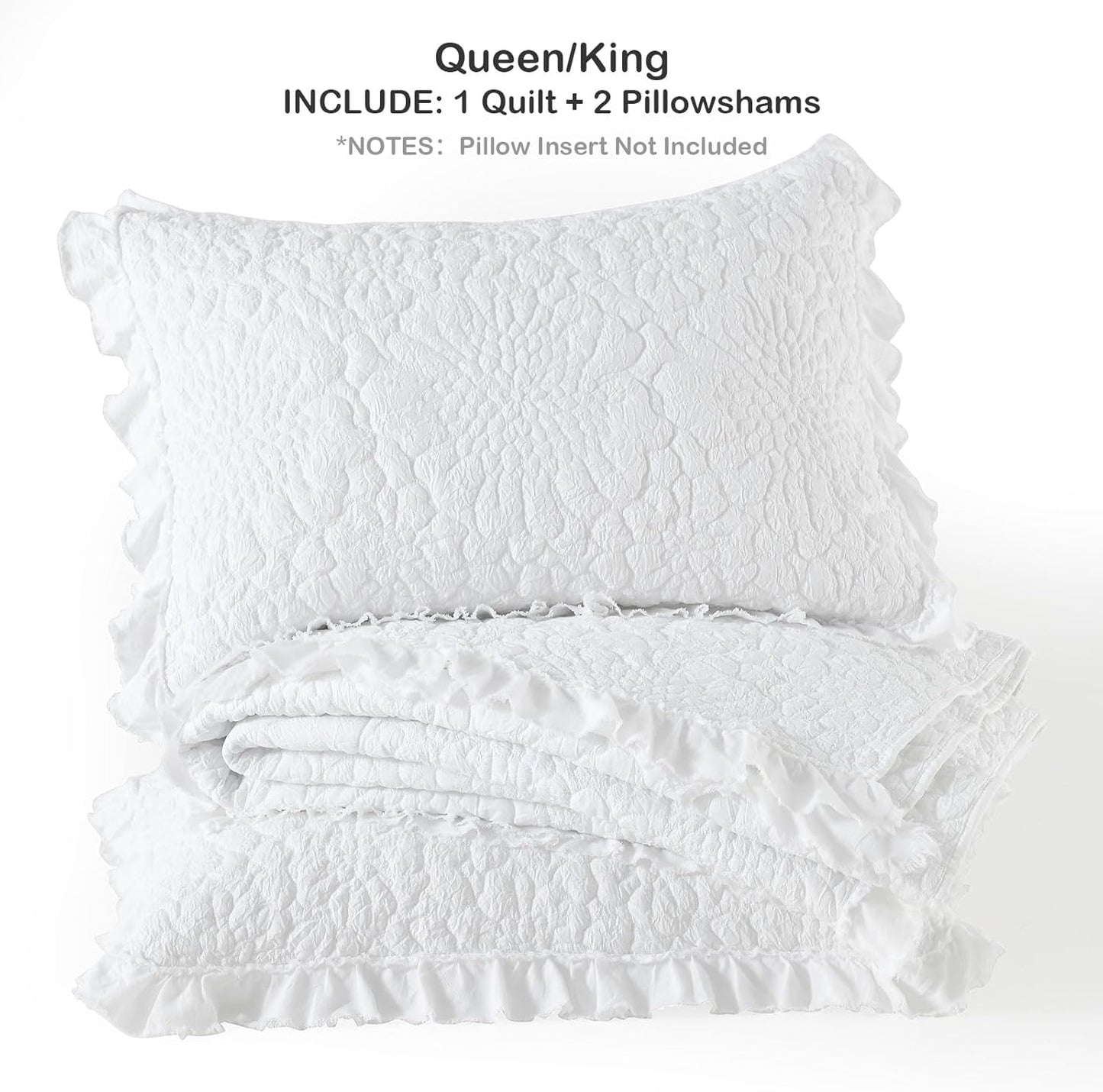 HORIMOTE HOME White Ruffled Quilt Queen Size, Stone-Washed Microfiber Lightweight Crinkled Farmhouse Rustic Shabby Chic Bedding Set, 3 Pieces Reversible Bedspread with Pillow Shams for All Season