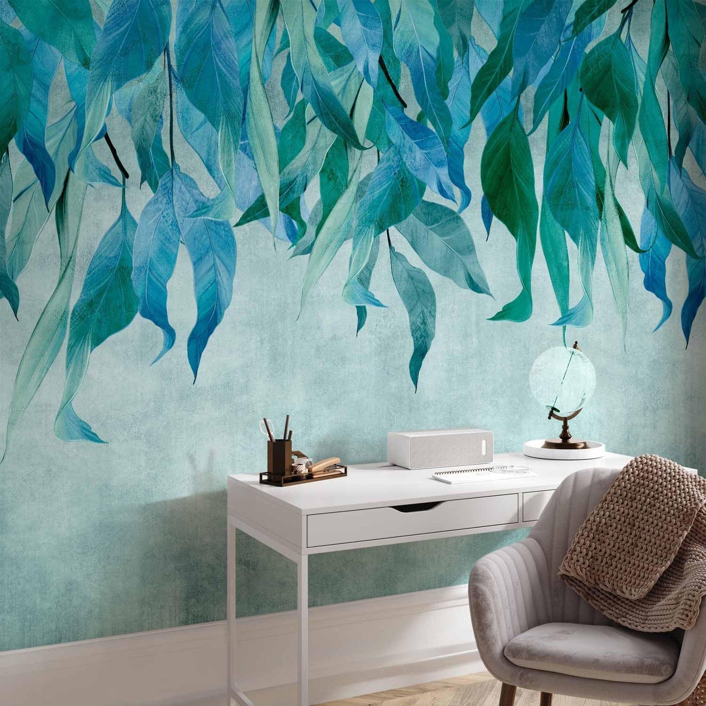artgeist Wall Mural Hanging Leaves 154x110 in - Peel and Stick Self-Adhesive Wallpaper Removable Large Sticker Foil Wall Decor Print Picture Image Design Nature Botanical Concrete Green b-C-10146-a-b