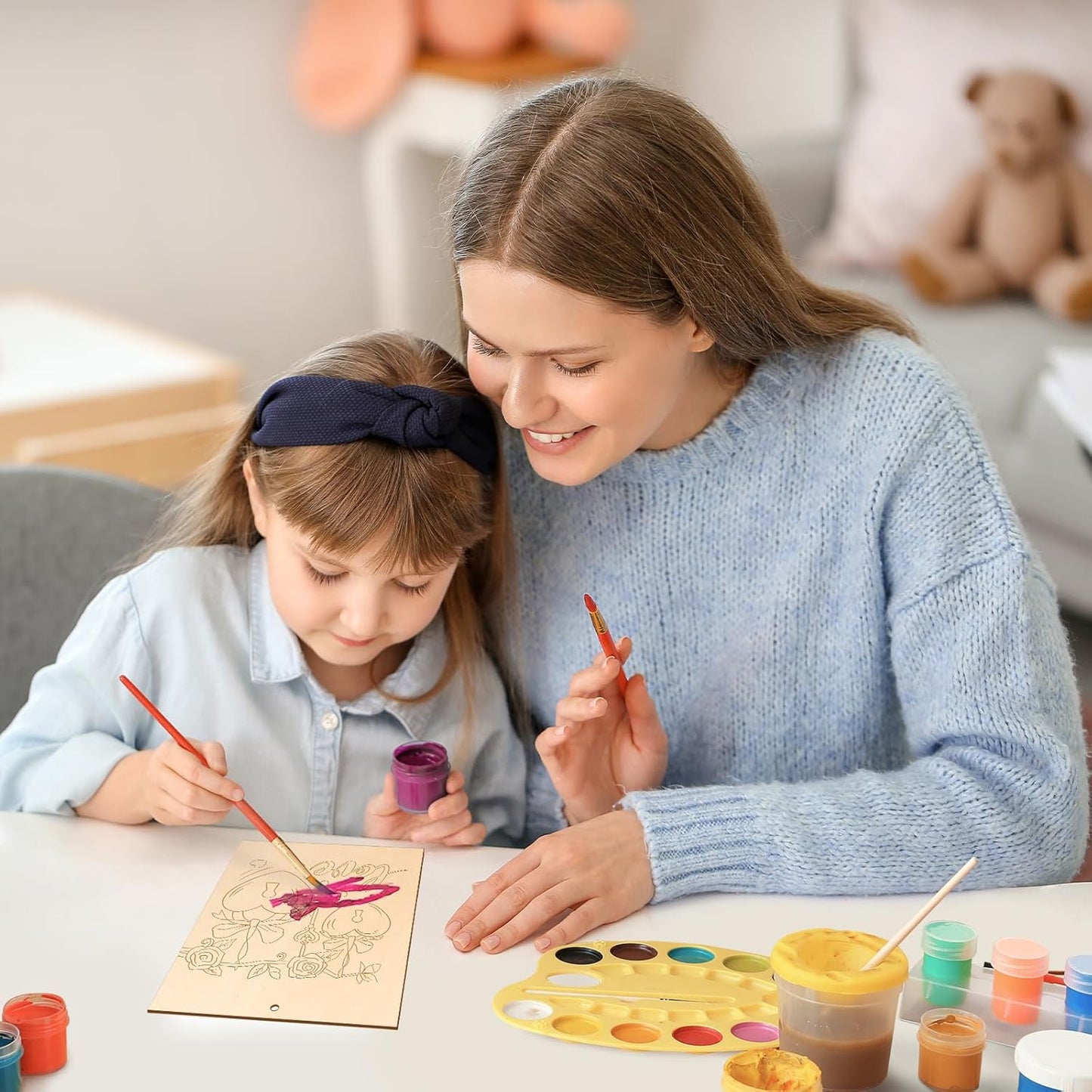 COCHIE 10 Pieces Large Valentines Day Unfinished Wood Crafts to Paint for Kids Adults, Bulk Predrilled Wooden Ornaments for Painting, Heart Pattern Paintable Wood Slices Craft Supplies with Ropes