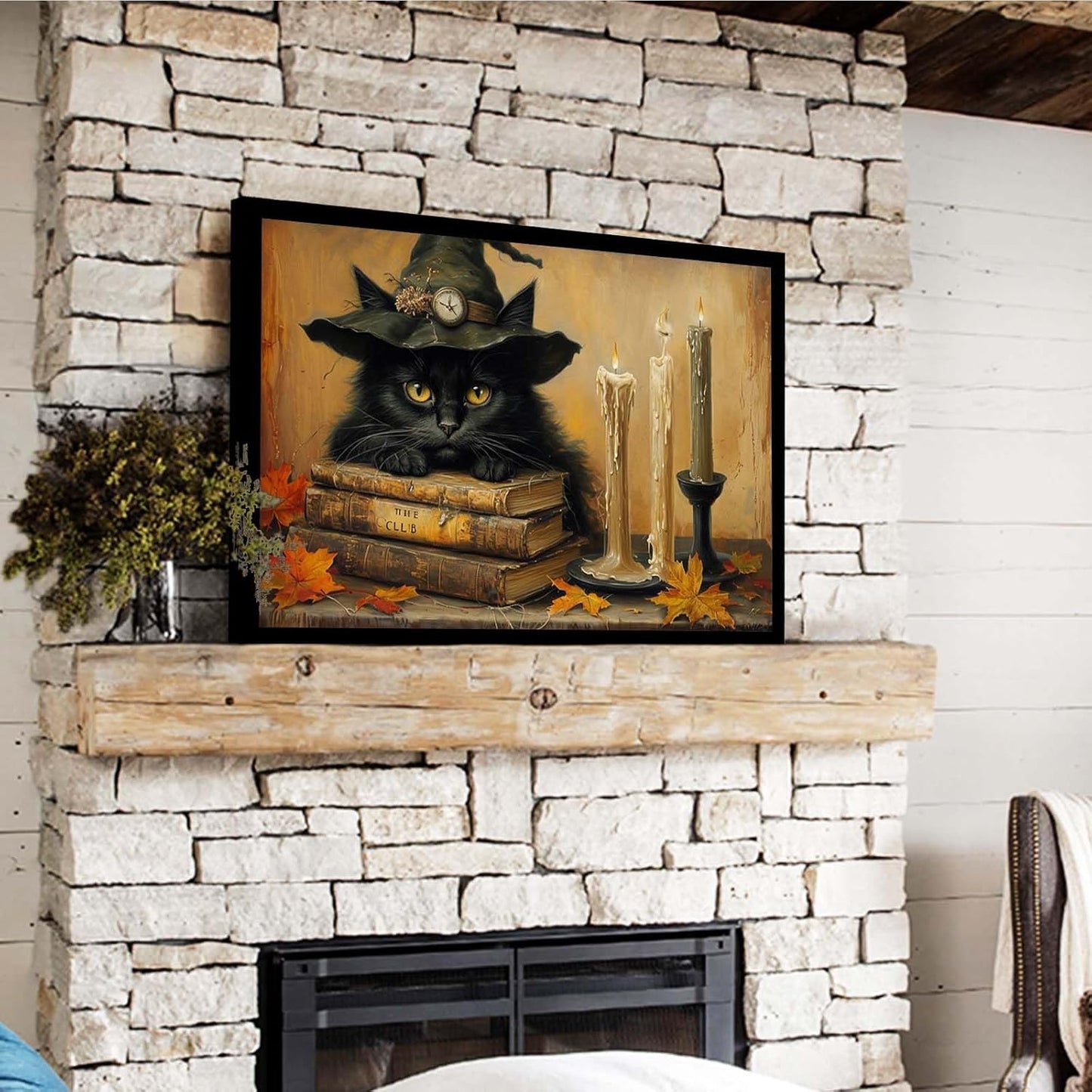 JFHCQJPK Vintage Halloween wall decoration black cat and magic book suitable for home bedroom living room decoration dark classic art witch wall decoration8x12in Metal blackFramed