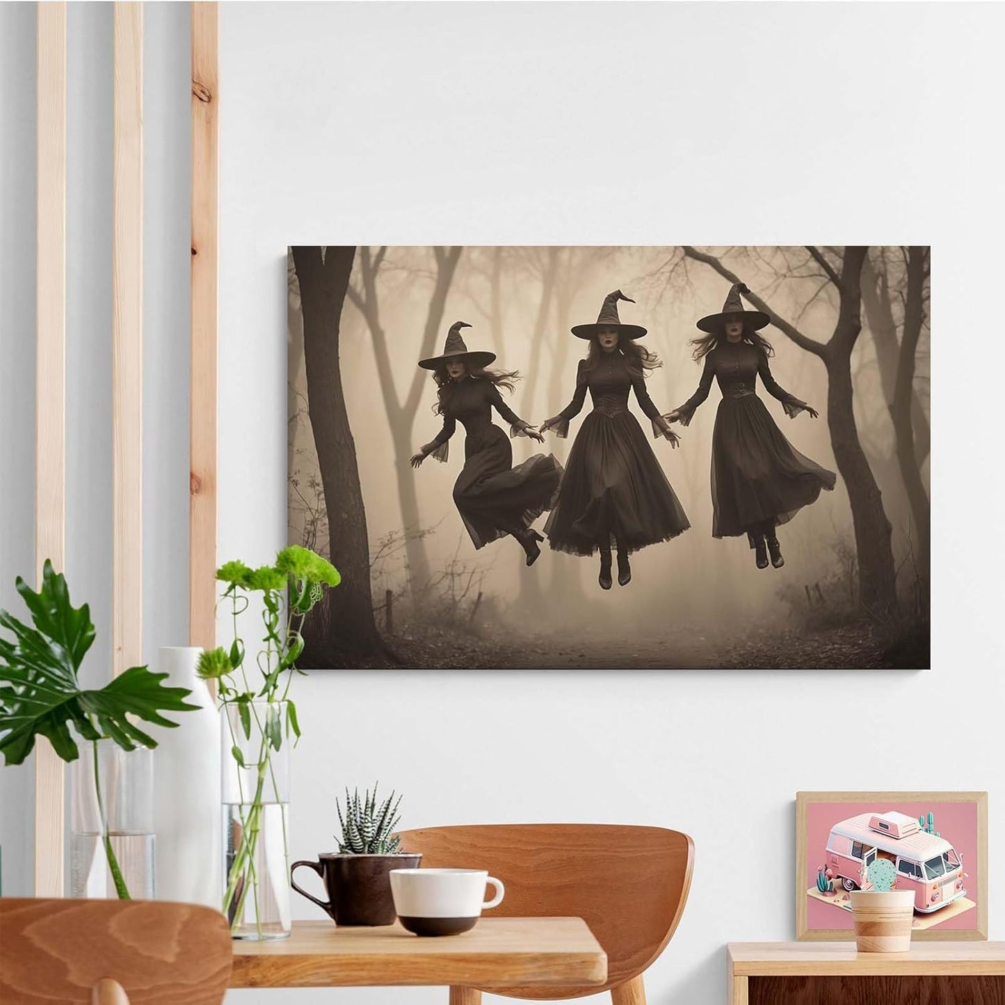 Three ghost witches flying in vintage forest gothic wall art witchcraft decoration holiday gift canvas wall art print24x36in Wood Framed
