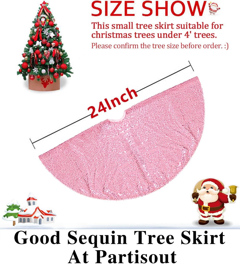 Partisout Sequin Christmas Tree Skirt - Glitter Cotton Colorful for Halloween (24 Inch, Fuchsia Pink)