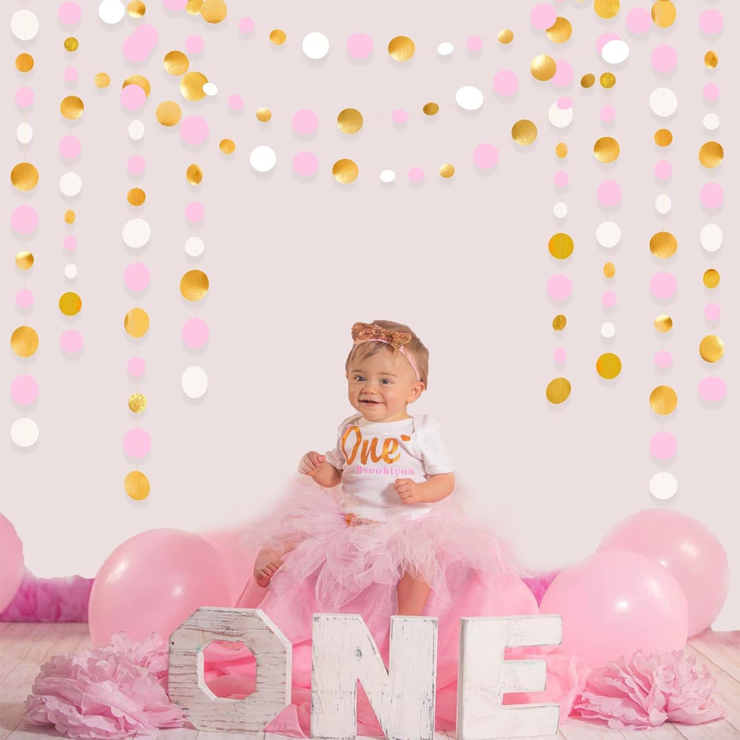 Gold and Pink Party Decorations Circle Dots Garland Metallic Gold Light Pink and White Hanging Polka Dot Streamer for Women Girl Birthday Baby Shower Bridal Shower Wedding Princess Party Supplies