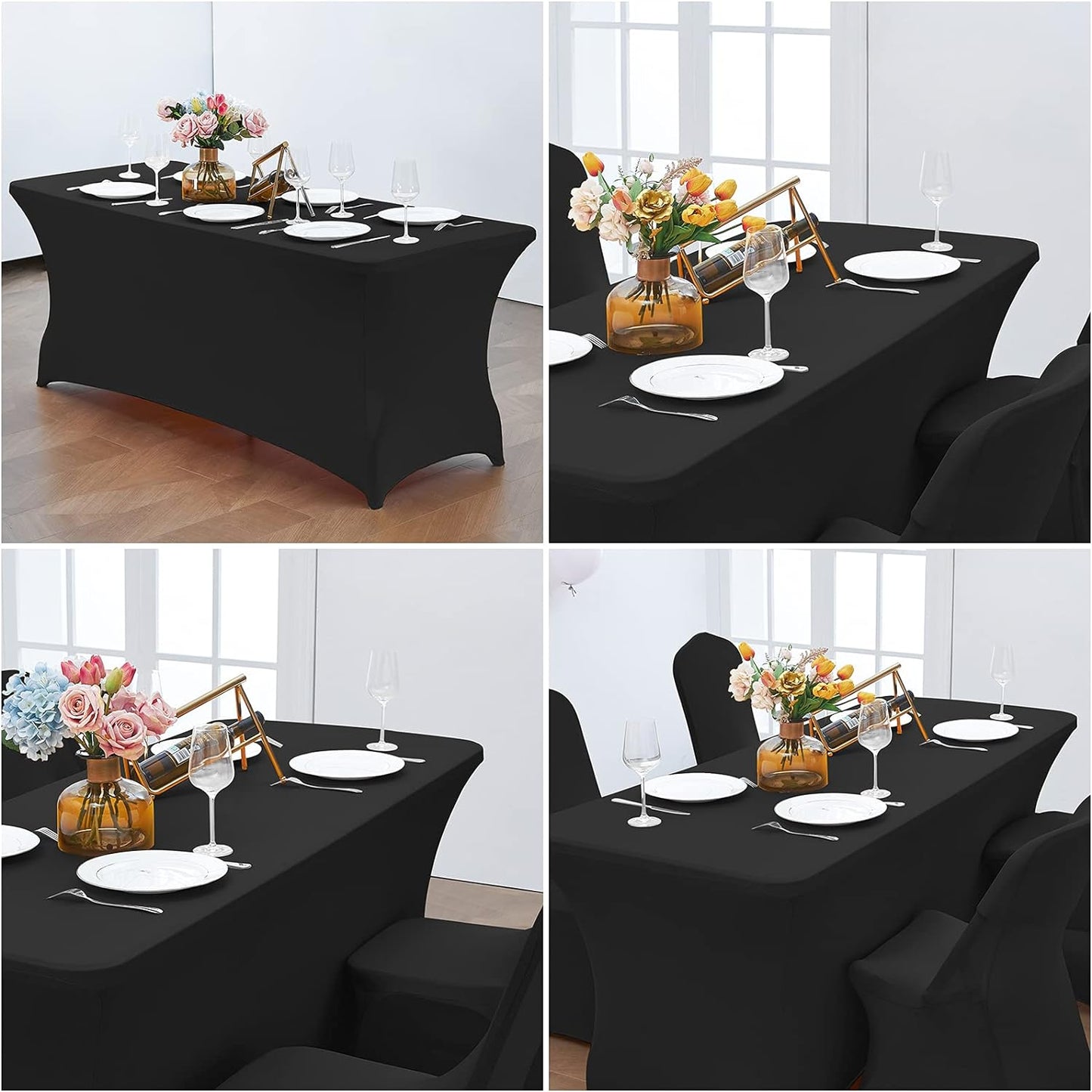 CWK 6FT Waterproof Stretch Spandex Table Cover for Rectangular Tables - Elastic Fitted Tablecloth for Folding Tables,Wrinkle Resistant Table Cloth for Parties, Weddings, Banquets & Events (Black)
