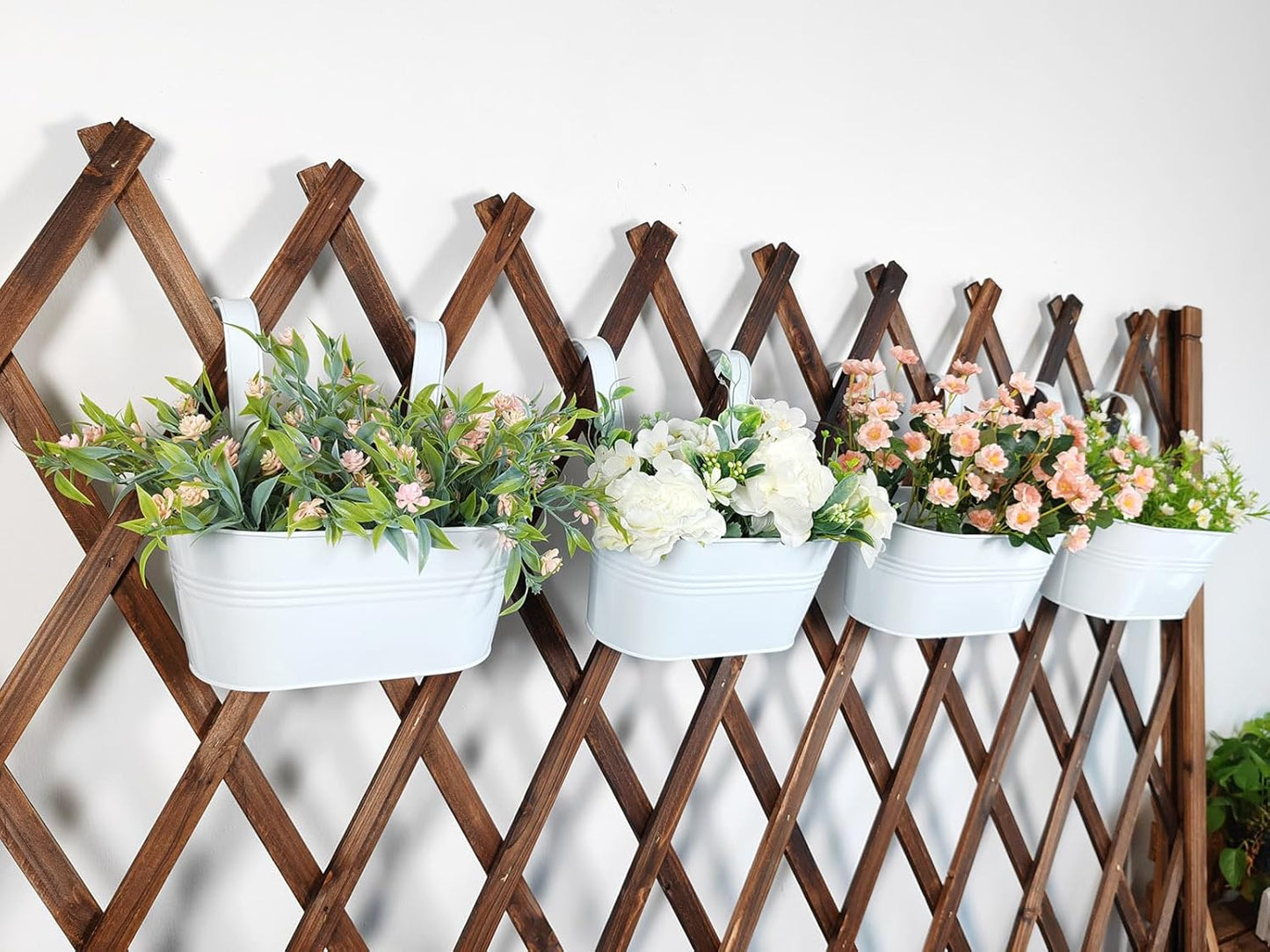 10" Hanging Flower Pots, Pack of 2 White Metal Outdoor Patio Balcony Planter, Railing Planters Fence Pot with Detachable Hook & Drainage Hole for Small Plants (White, 2Pcs)