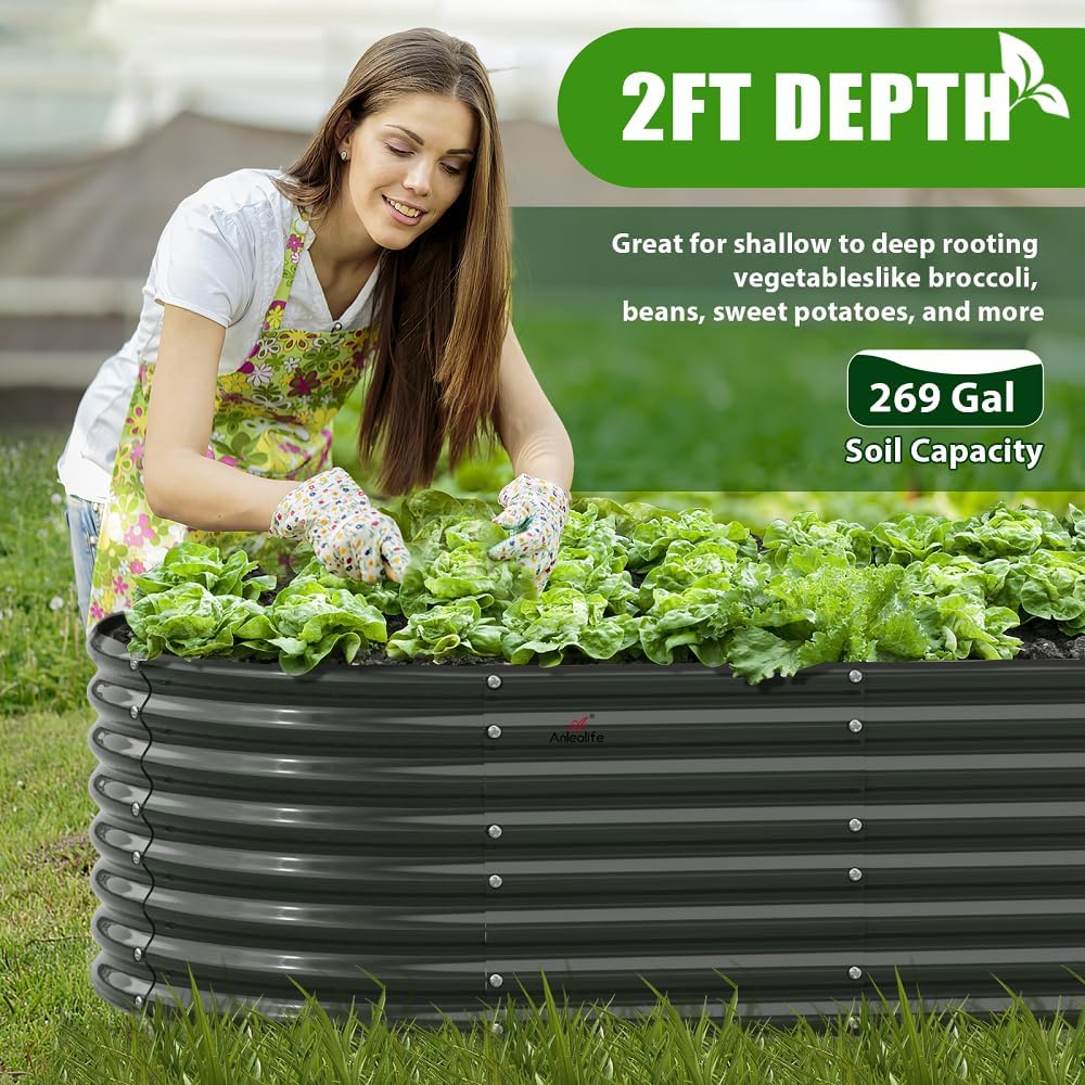 A ANLEOLIFE 6X3X2 ft Galvanized Raised Garden Beds Outdoor-6 Pack, Oval Large Metal Deep Root Planter Box for Planting Vegetables Flowers Herb, Anti-Rust & Easy-Setup, Quartz Grey