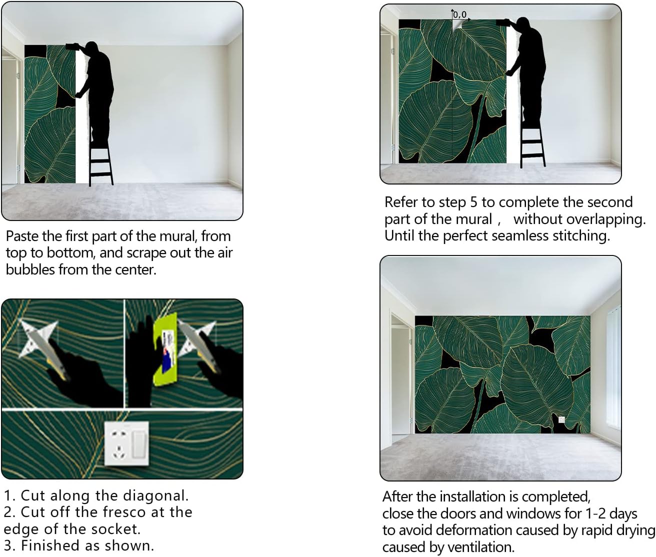 Black and Gold Leaf Mural Bedroom Tropical Green Botanical Wallpaper Room Plant Decor Living Room tv Background Large Wall Mural - 160"x108" (Not Peel and Stick)