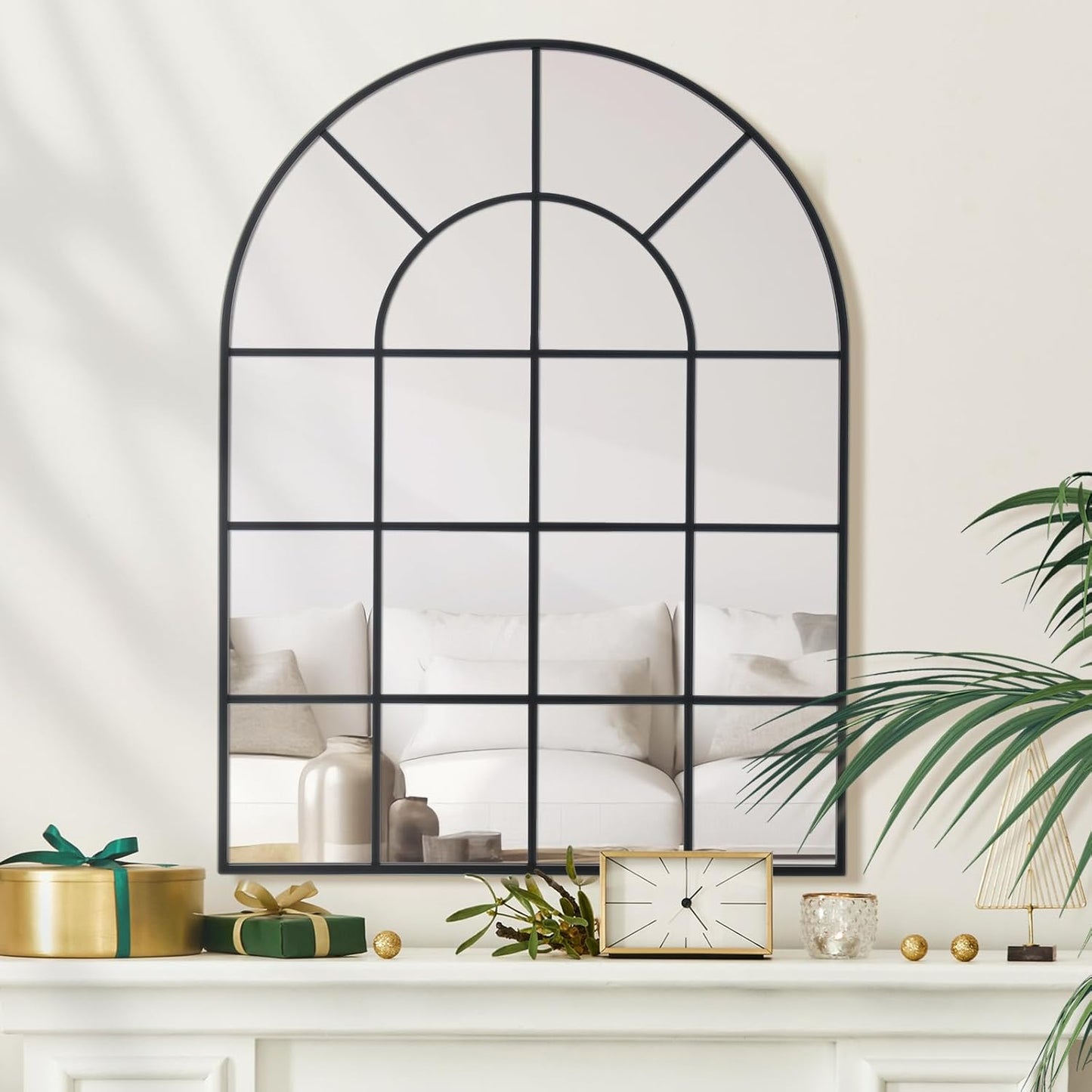 Arched Windowpane Wall Mirror 30"x40" Black Wall Mounted Art Pane Mirror Farmhouse Decorative Mirror Leaning Hanging Wall Mirror for Bedroom Living Room Entrance Hallway Wall Decor