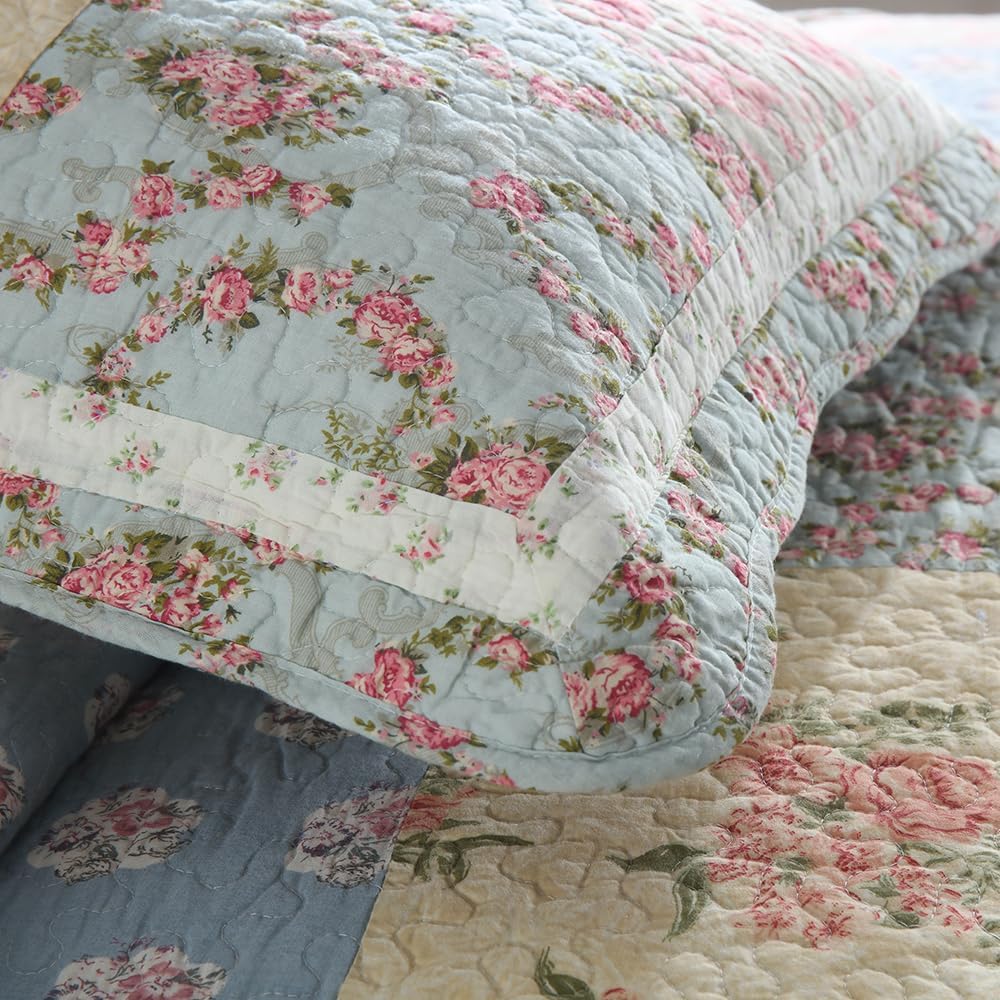 Cotton Bedspread Quilt Bedding Sets 3 Pieces Reversible Coverlet Sets Comforters Green Rose Floral Patchwork Bedspread, Queen Size