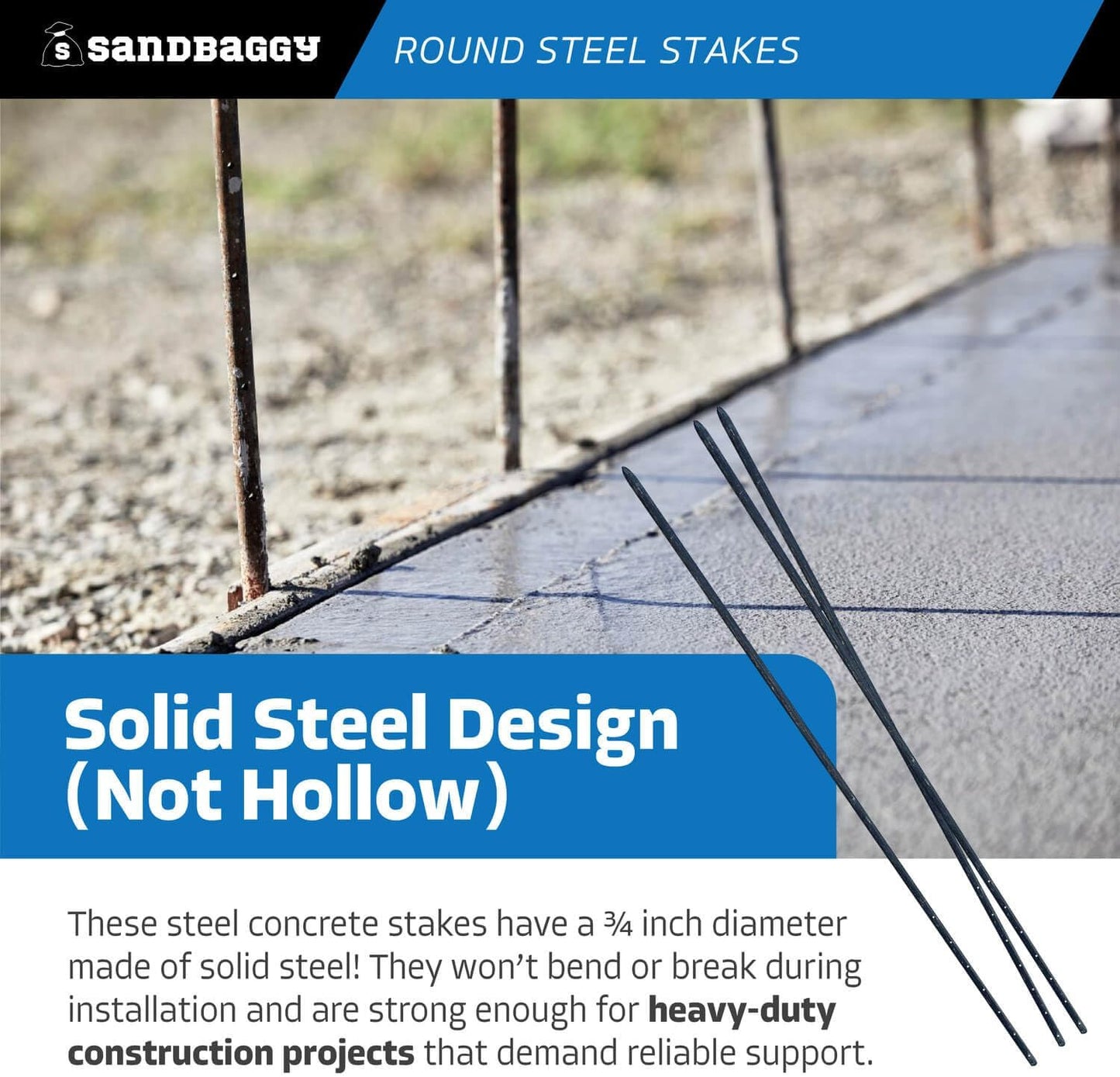 Sandbaggy Round Steel Concrete Form Stakes with Nail Holes - Rust Resistant Coating - Removable, Reusable (1, 3/4 in X 60 in)
