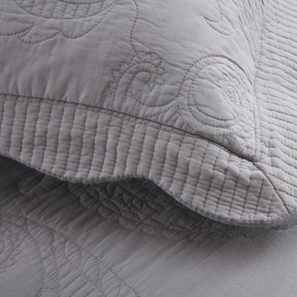 Cotton Bedspread Quilt Sets, Real Patchwork Bedding Sets with Luxury Floral Paisley Pattern, 3 Pieces Reversible Soft Lightweight Coverlet for All Season, Grey, Queen Size