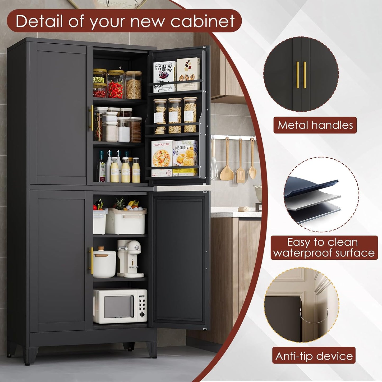 75" H Metal Storage Cabinet, Pantry with 6 Door Shelves and 4 Adjustable Shelves, Leveling Foot for Kitchen, Living Room and Dinning Room, Black