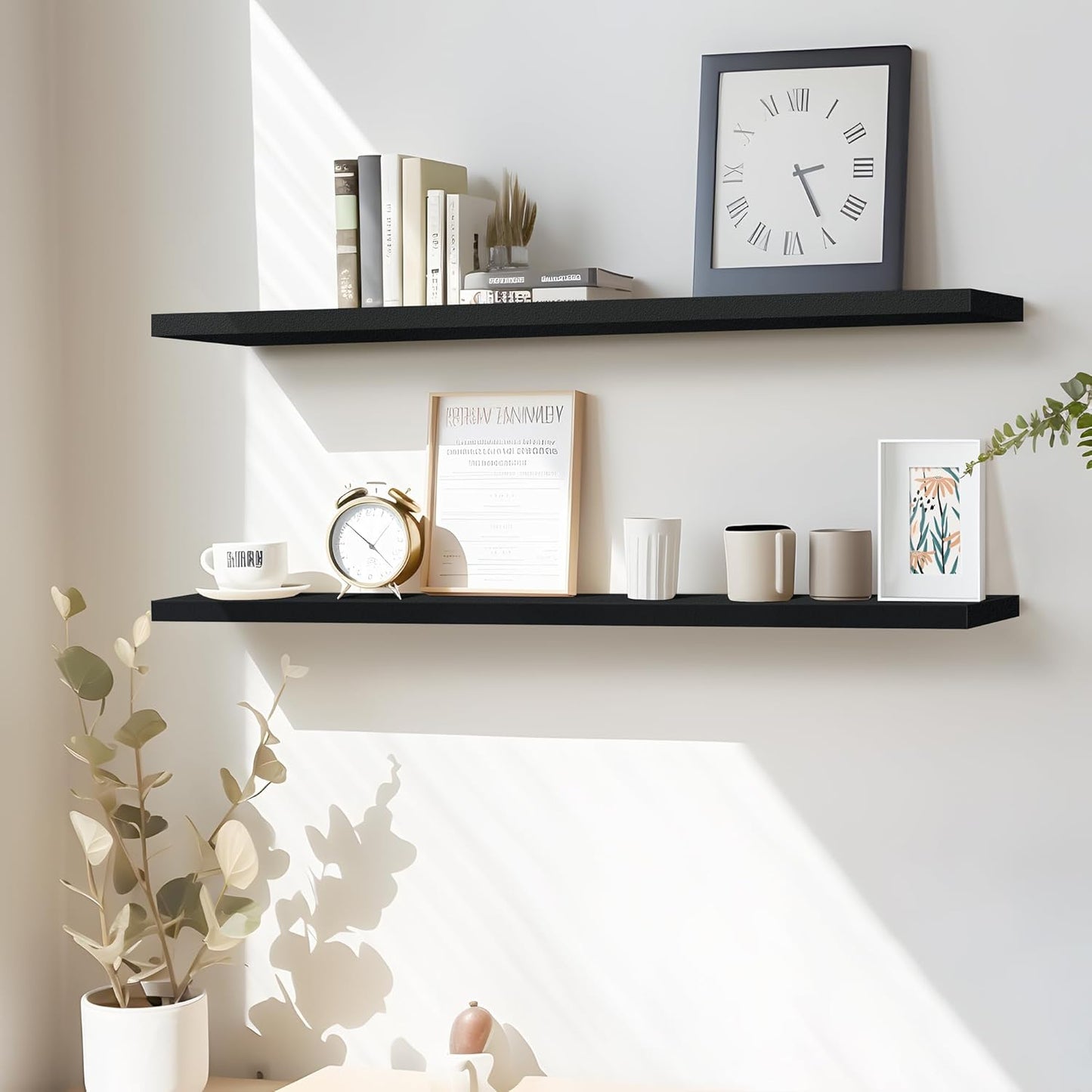 LaVie Home Floating Shelves, 47 Inch Wall Shelf Set of 2, Hanging Shelf with Invisible Brackets, Wall Decor for Bathroom, Bedroom, Living Room, Kitchen Storage,Classic Black