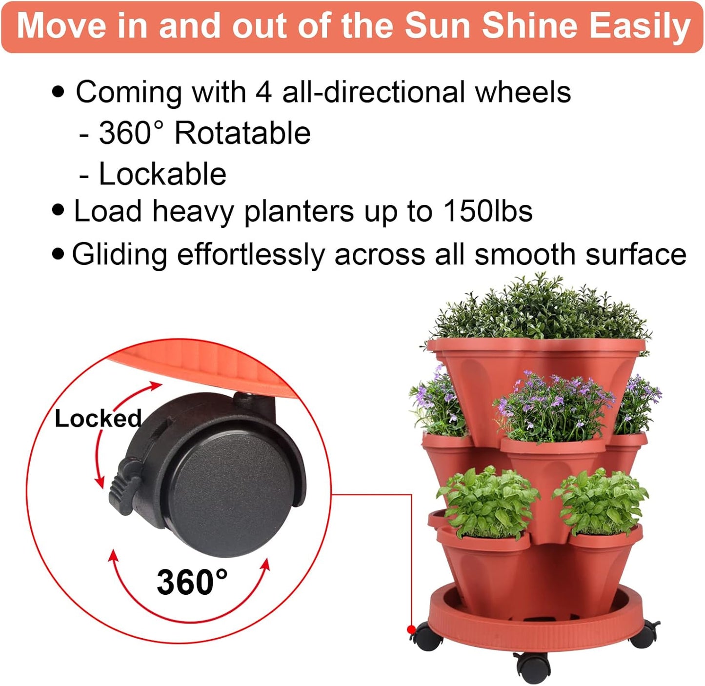 Vertical Planter 3 Tier Stackable Planters Garden Planters Strawberry Herb Flower and Vegetable Planter Indoor Outdoor Gardening Pots with Removable Wheels and Tools 2-Pack