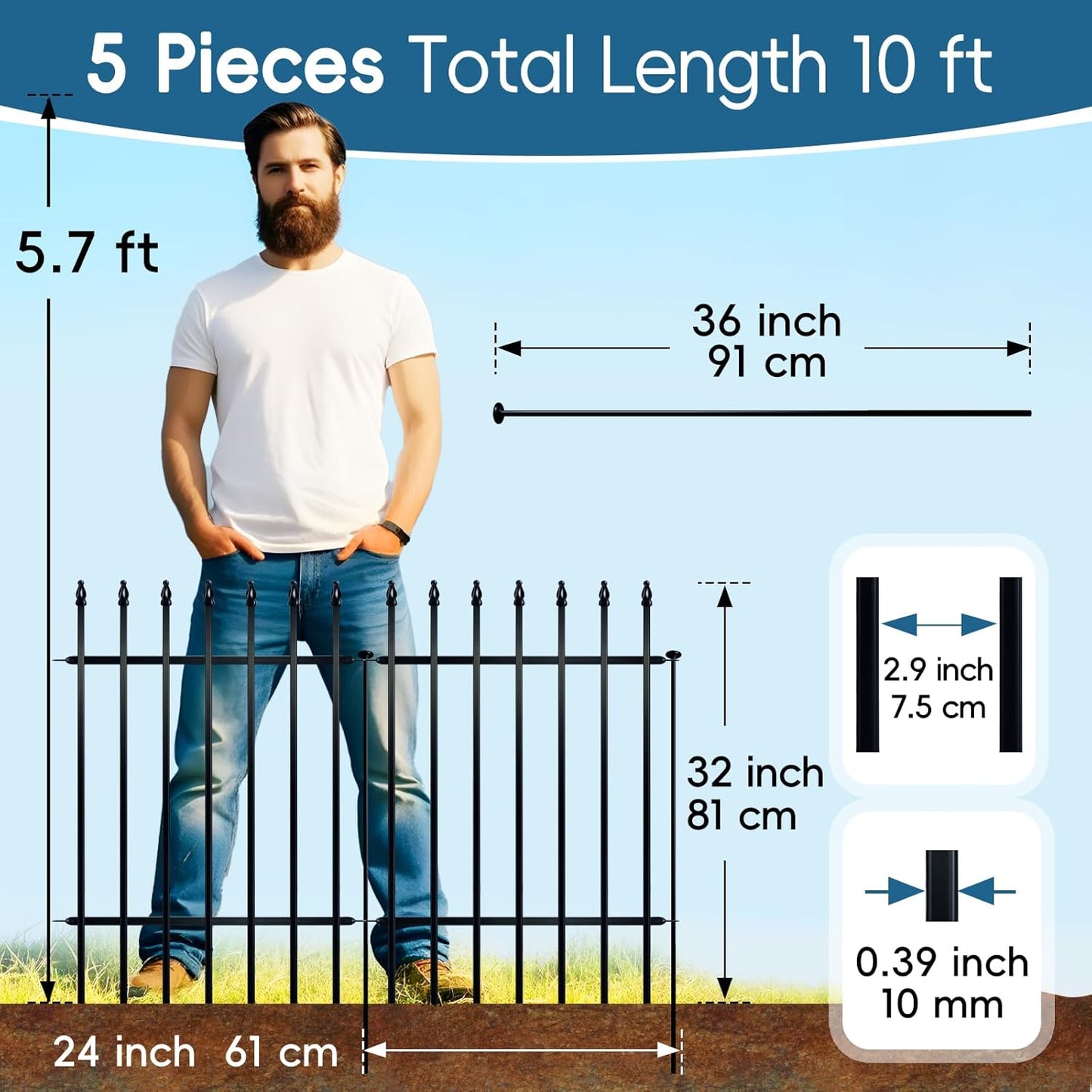 Metal Garden Fence 32 inch H x 24 inch W (5 Panels, Total Length 10 ft) No Need Dig Outdoor Rustproof Animal Barrier Fencing Border Fence for Dog, Patio,Yard, Landscape, Flower Bed