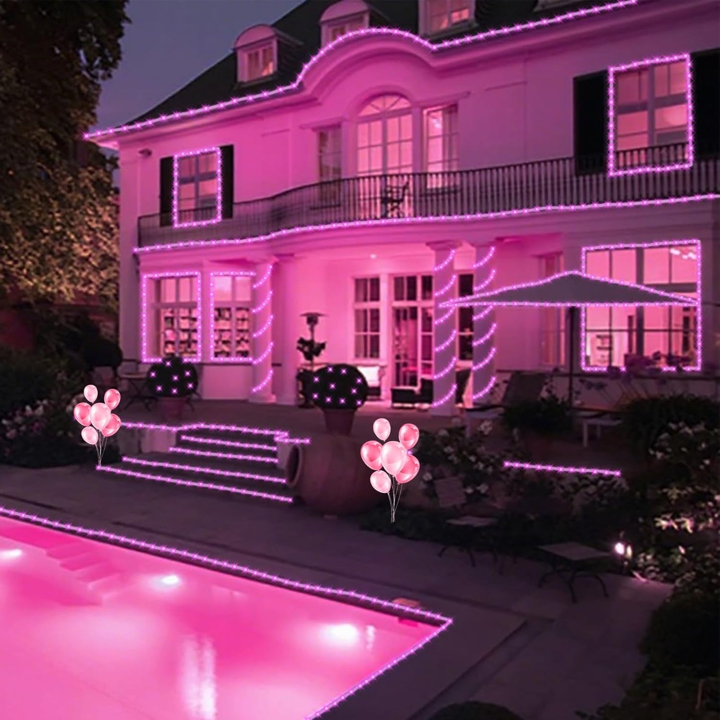 YEGUO Pink Solar Rope Lights Outdoor Waterproof, 2 Packs Each 33ft 100 LED String Lights for Outside, 8 Modes Fairy Lights in Clear Thin Tube for Valentine Party Garden Tree