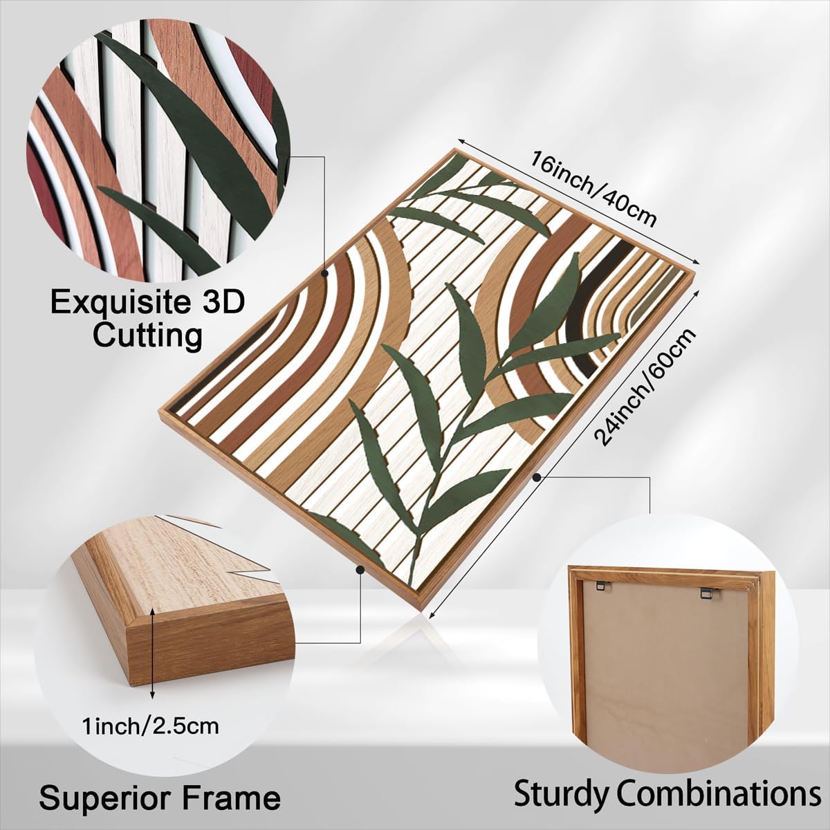 Large Boho Mid Century Wood Wall Art Set,Modern Geometric Leaves Artwork Bohemian Wall Sculptures,Abstract Minimalist Wooden Wall Decor for Living Room Bedroom Office-16 x24 x3