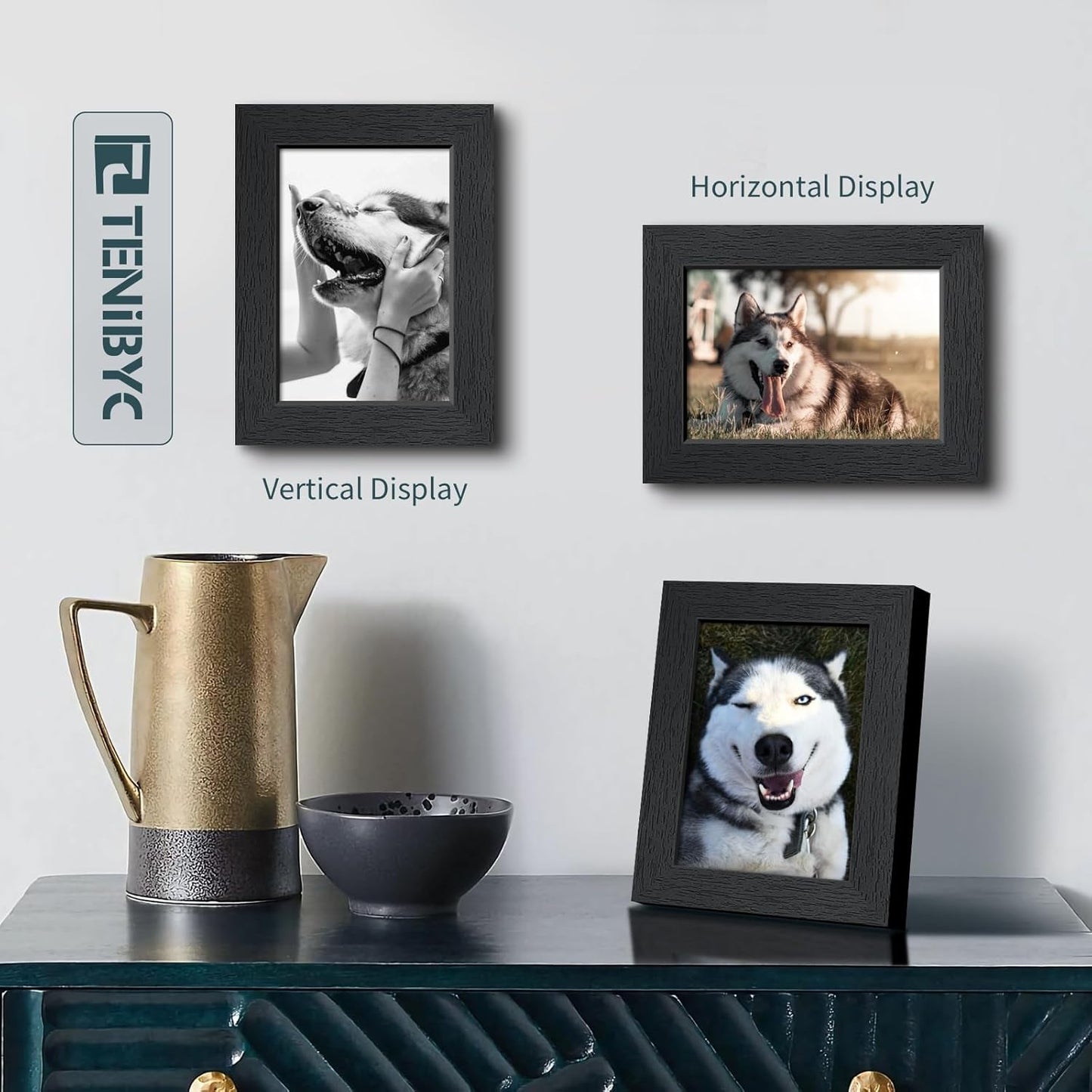 5x7 Picture Frame 3 Pack - Black Woodgrain, Solid Wood & HD Tempered Glass, Table Display or Wall Hanging
