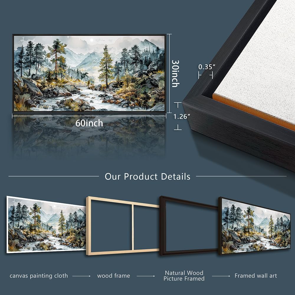 PHAOHUAXM Large Canvas Printing Artworks Wall Art For Bedroom Wall Decor For Living Room Office Home Decor Rivulet View Painting Forest Tree Landscape Watercolour Pictures Black Framed 30x60 In