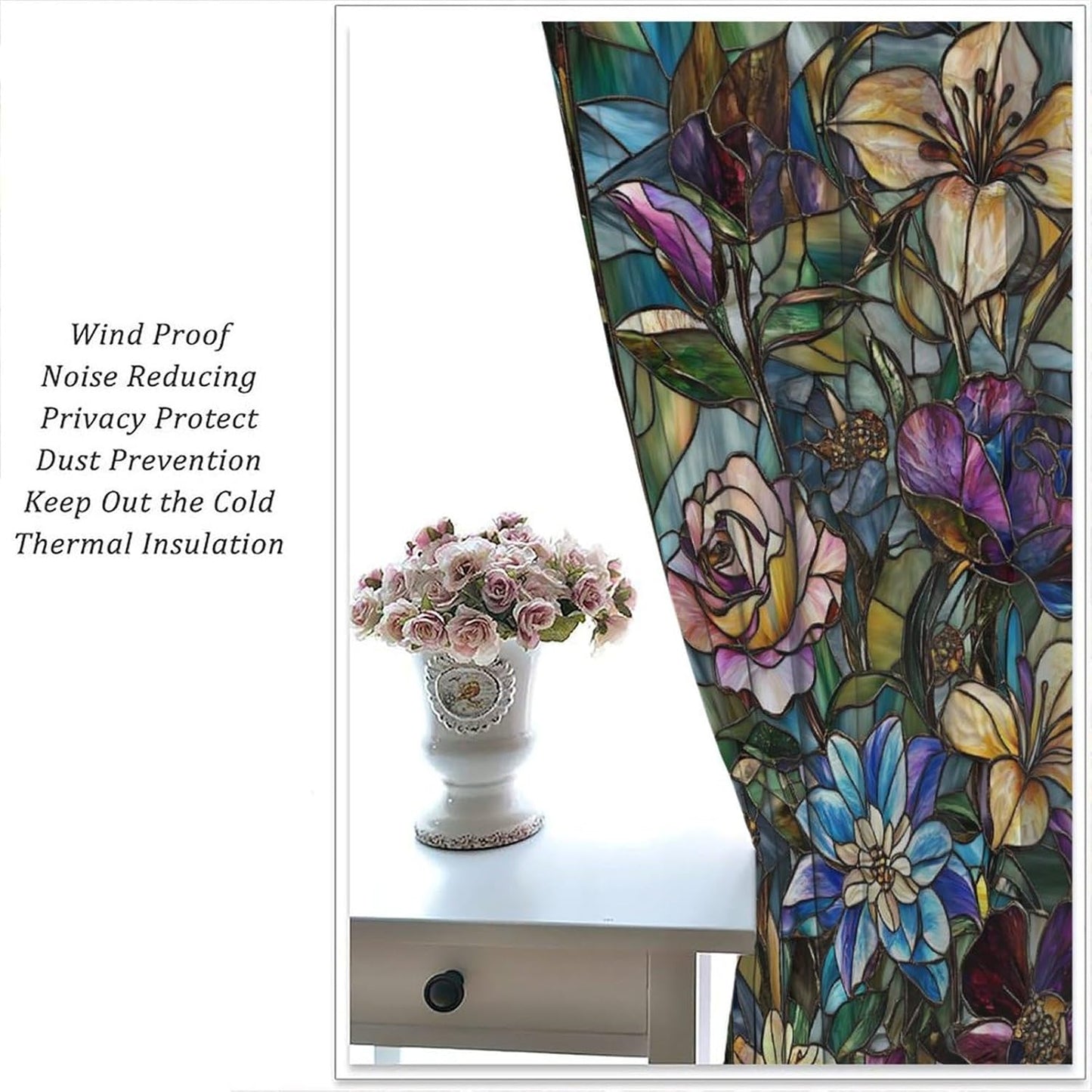 Stained Glass Curtains,Retro Colored Glass Flowers Art Home Decor Drapes for Bedroom Living Room Kitchen Window Treatment 2 Panels Set Total Size 63" W X 63" L Inch