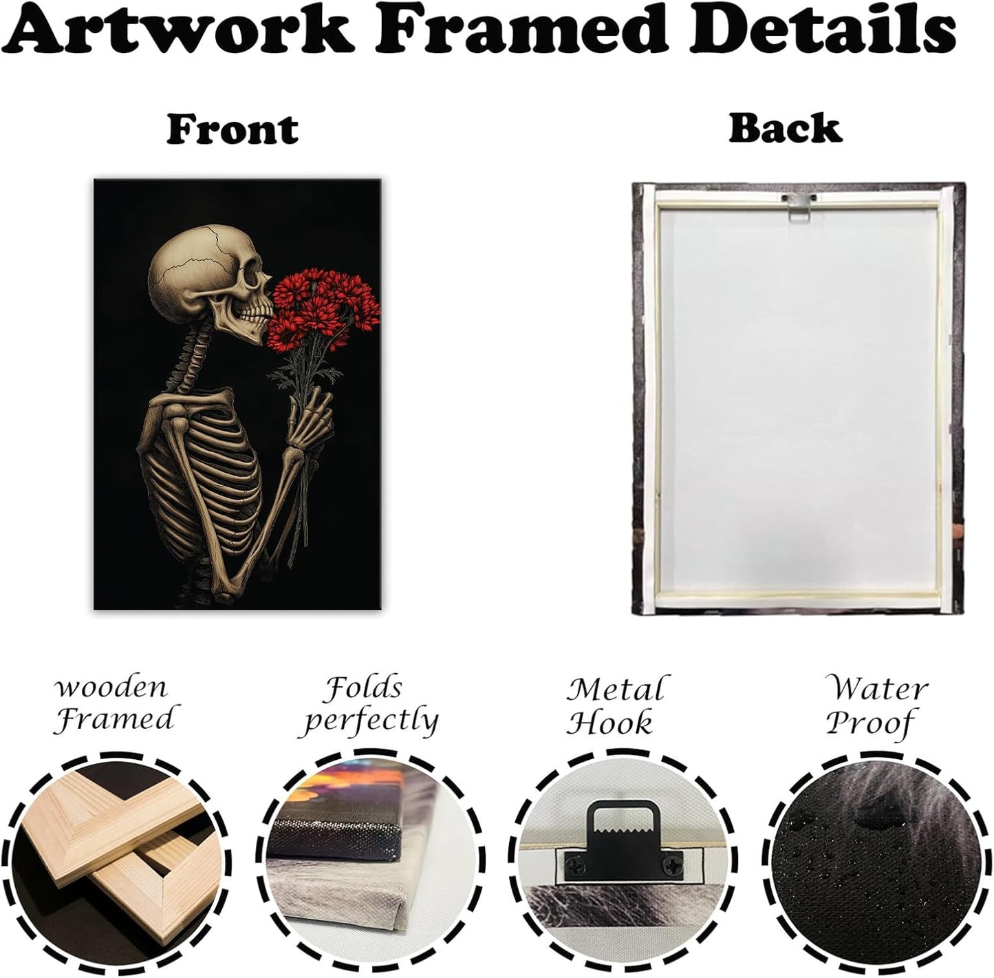 OAAPITI Red Rose Skull Wall Art Dark Themed Skeleton Painting Modern Artwork for Gothic Home Decor(Artwork-5,16"x24")